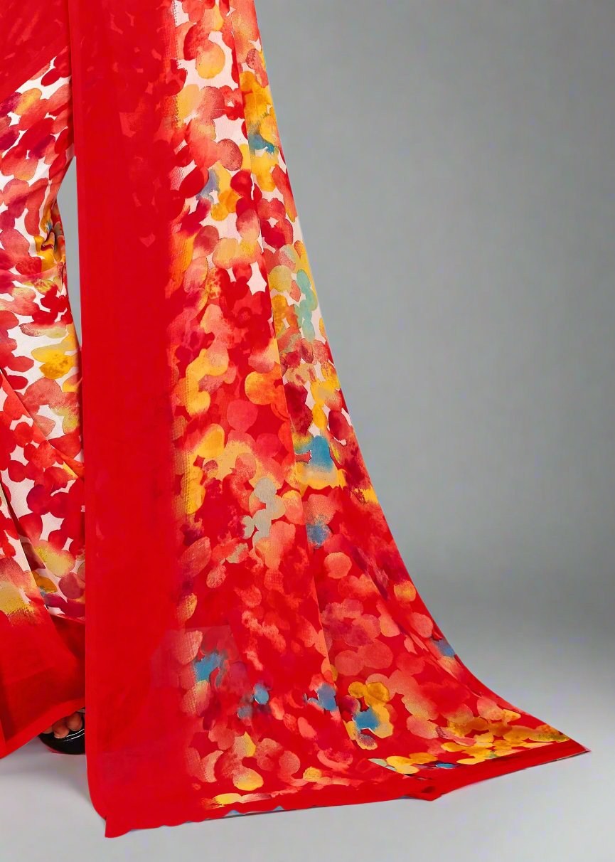 Abstract Patterned Red Georgette Saree with Solid Border - Indigo Prints 2440-C Red Pallu Image
