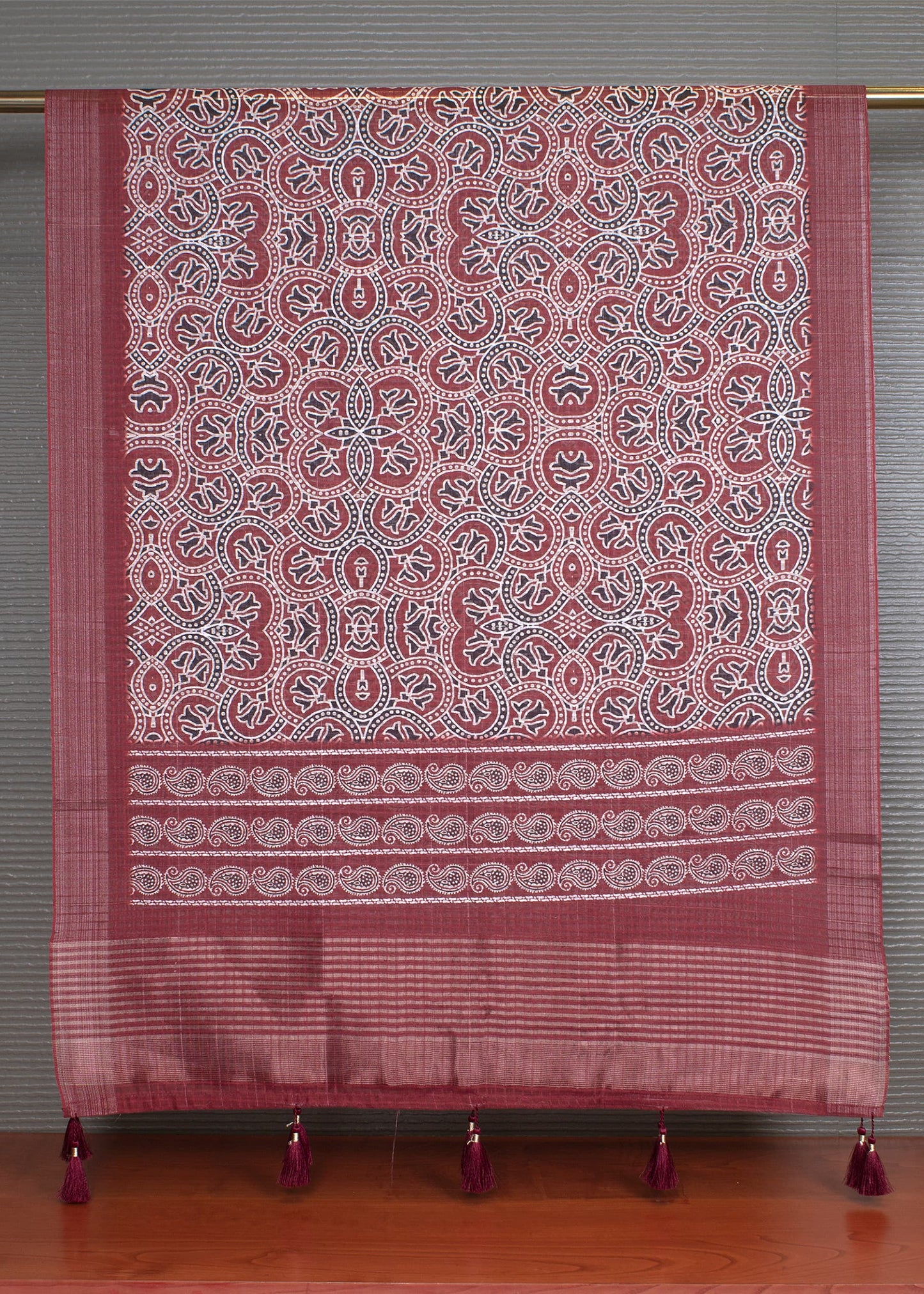 Ajrak Digital Printed Rust Linen Dupatta with Tassel Accents - Linen 2128 Rust Full View