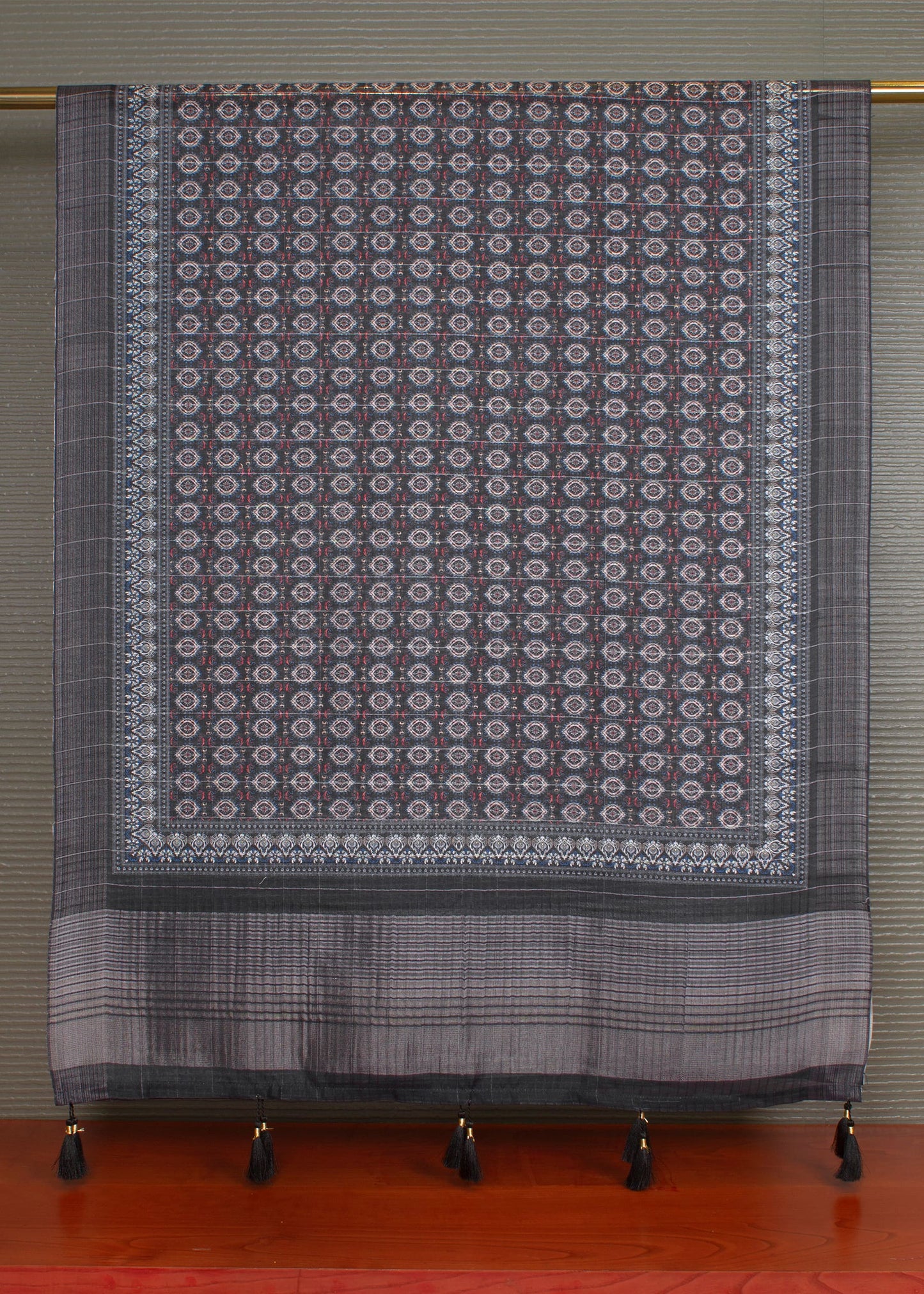 Ajrakh Digital Print Black Linen Dupatta with Tassel Detailing - Linen 2131 Black Pose 2