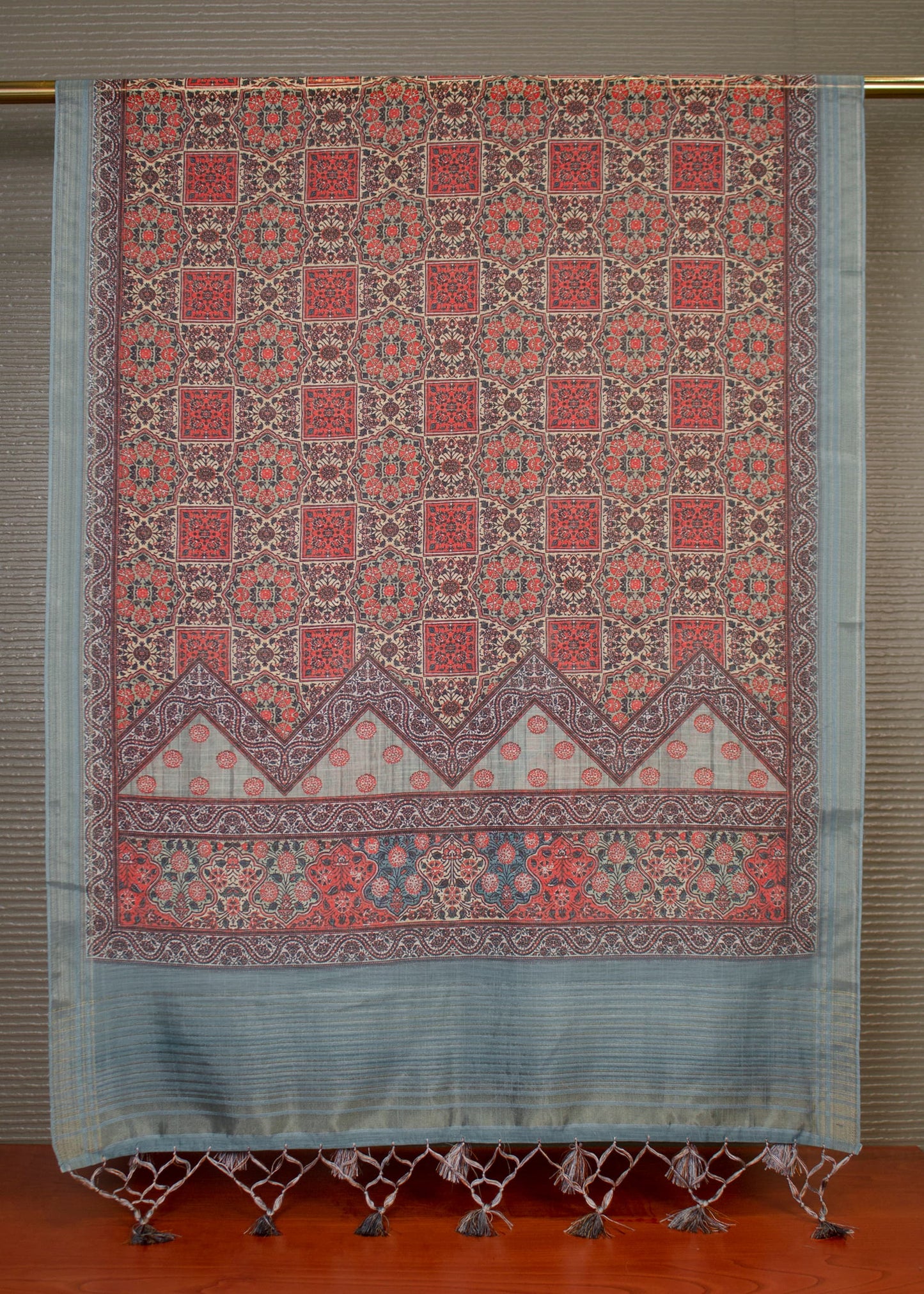 Ajrakh Digital Printed Multicolor Hard Linen Dupatta Featuring Zari Woven Border and Stylish Tassels - Hard Linen 2112 Multicolor Modeling 2