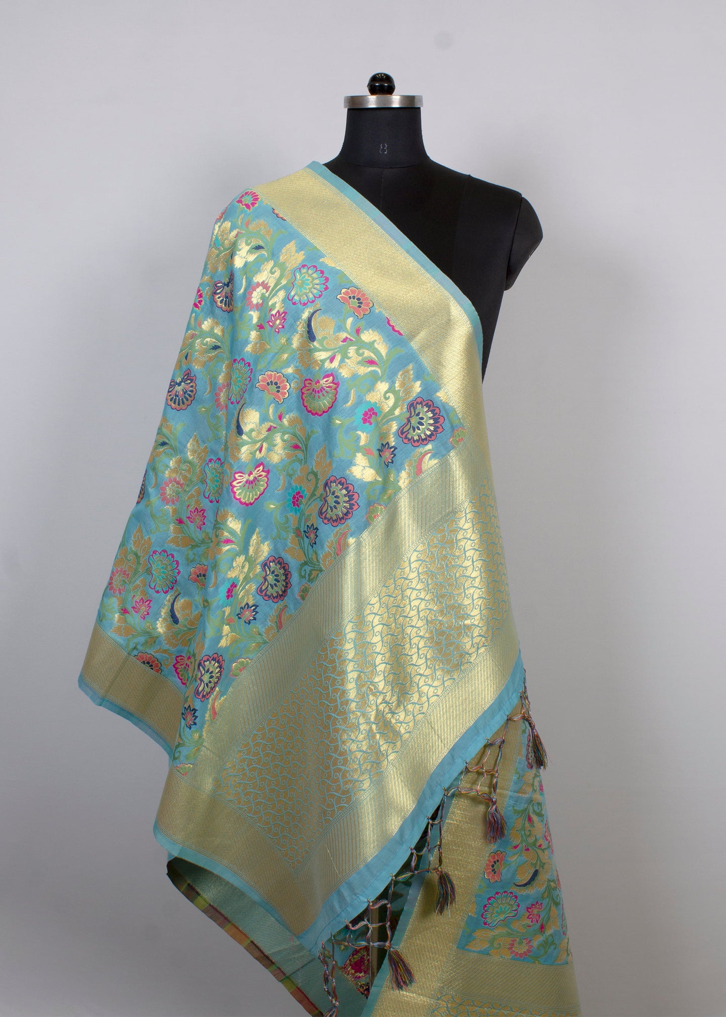 Artistic Kalamkari Digital Print on Teal Blue Chanderi Stole with Woven Zari Butta and Finely Crafted Border - Chanderi Stole 4116 Teal Blue Image 2
