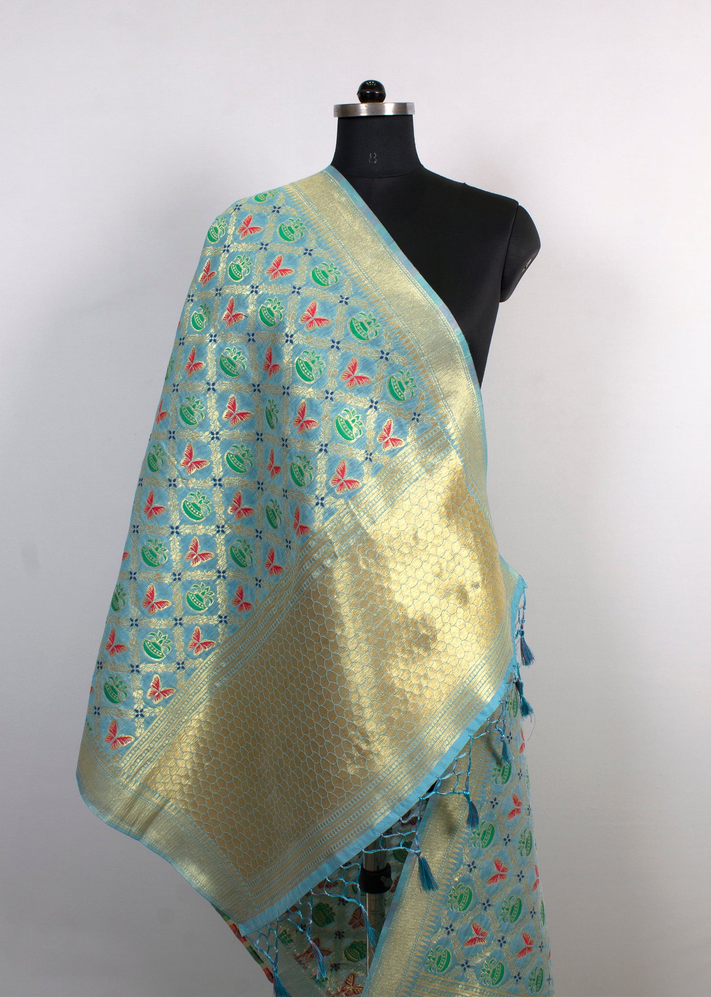 Artistic Teal Blue Chanderi Stole with Ethnic Motif Prints, Zari Woven Jaal Work, and Finely Crafted Buttas - Chanderi Stole 4119 Teal Blue Pose 2