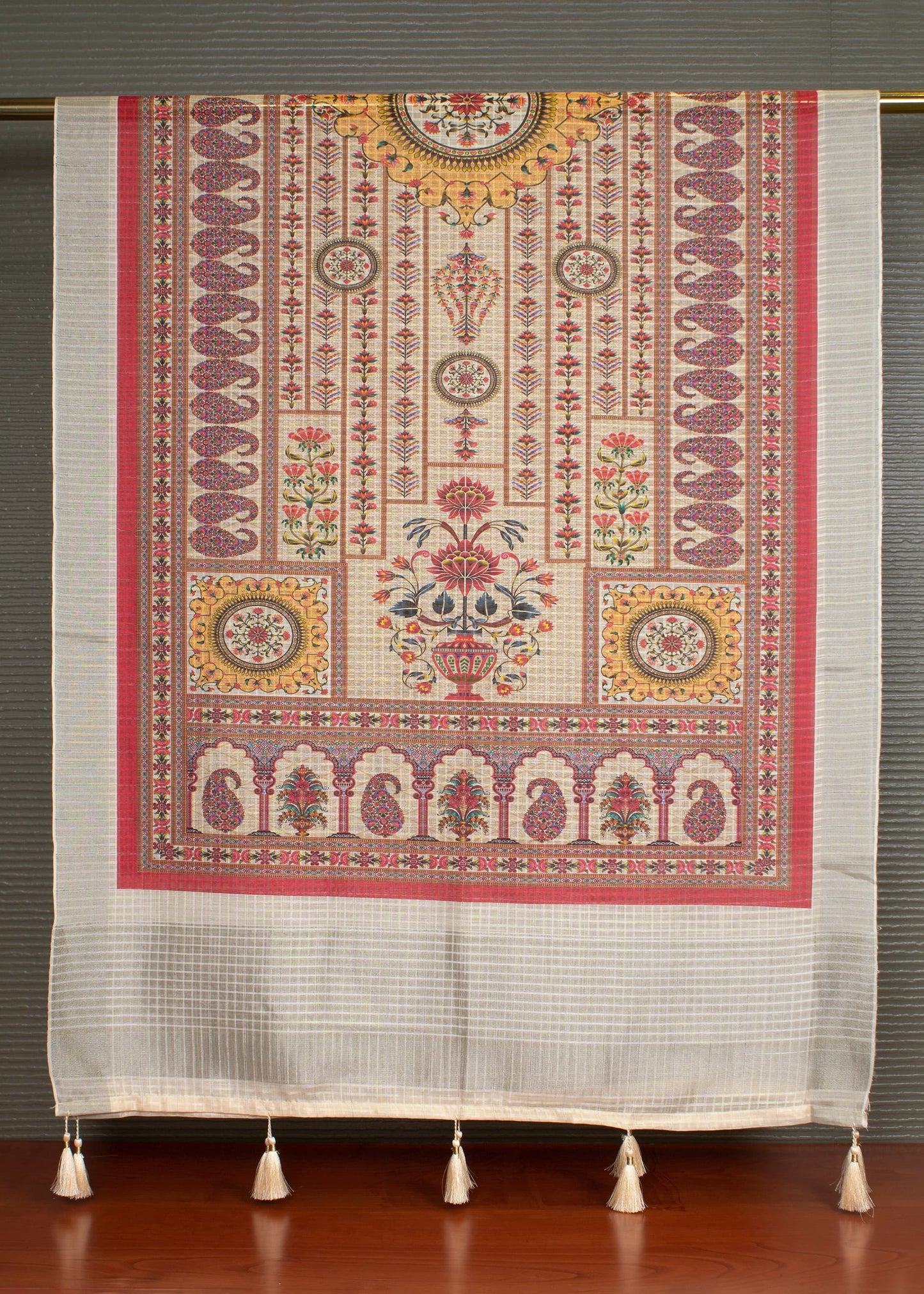 Beige Linen Dupatta Adorned with Traditional Ethnic Motif Prints and Tassel Accents - Linen 2125 Beige Full Image