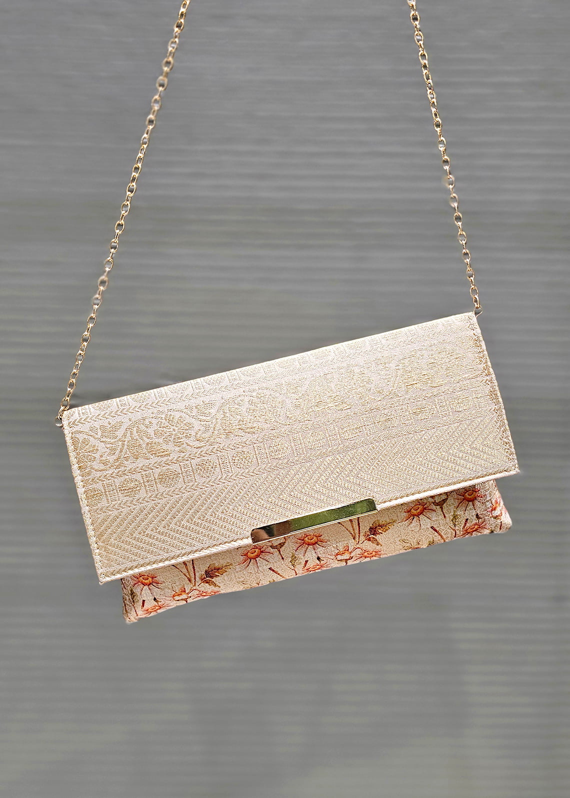 Beige Zari Woven Art Silk Clutch with golden Sling - Clutch D.No.01 P1 Beige Side View Image
