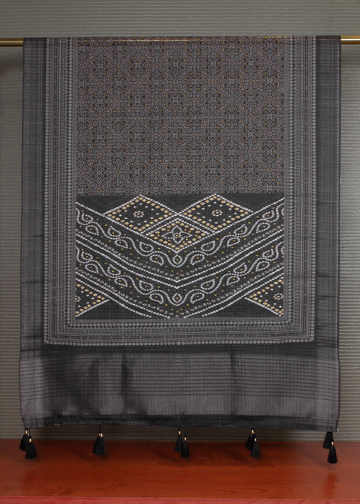Black Linen Dupatta with Traditional Bandhani Digital Print and Decorative Tassels - Linen 2127 Black Modeling 2