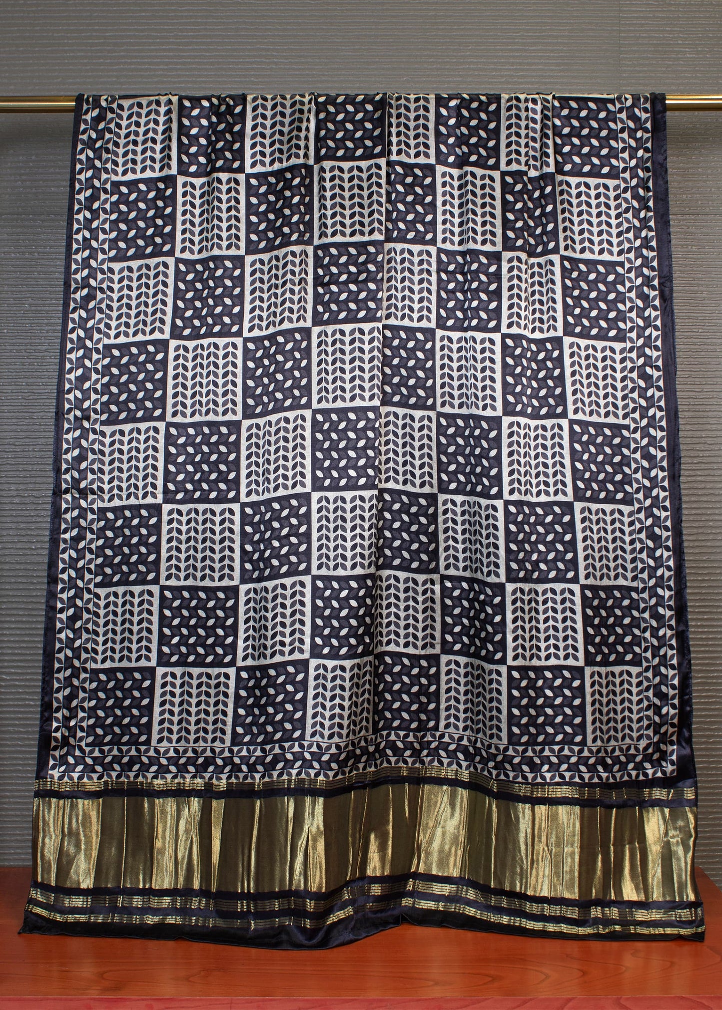 Black Pure Gaji Silk Dupatta with Leaf Digital Print and Zari Woven Lagdi Patta Border - Pure Gaji Silk Dupatta 1127 Black 2