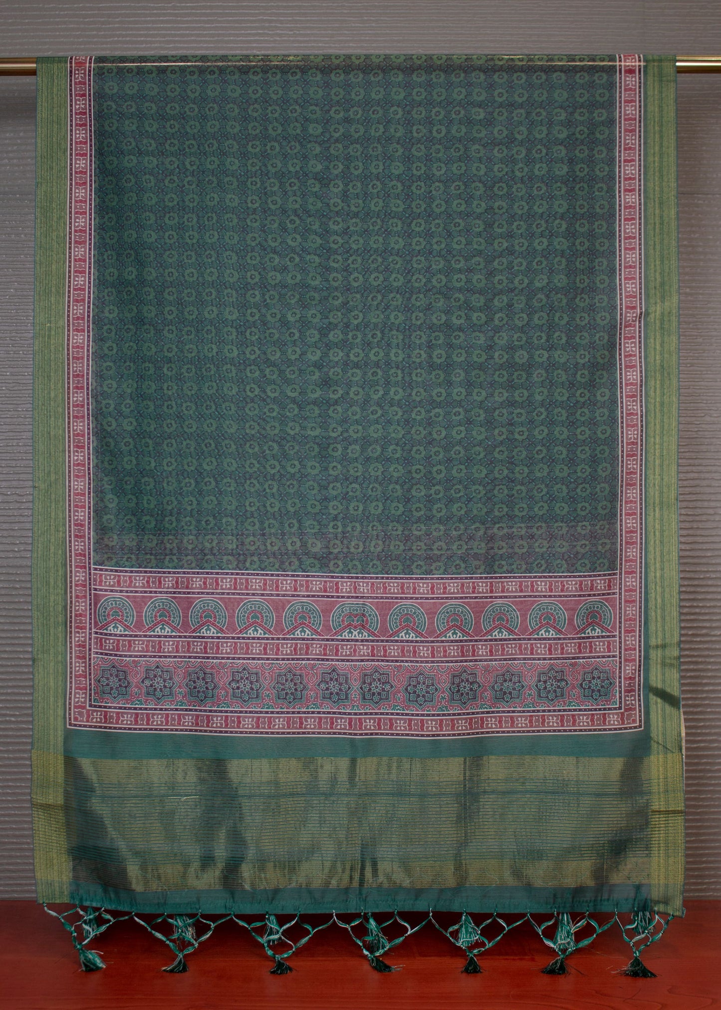 Bottle Green Hard Linen Dupatta with Ajrakh Digital Prints, Zari Woven Border and Tassel - Hard Linen 2115 Bottle Green Full View