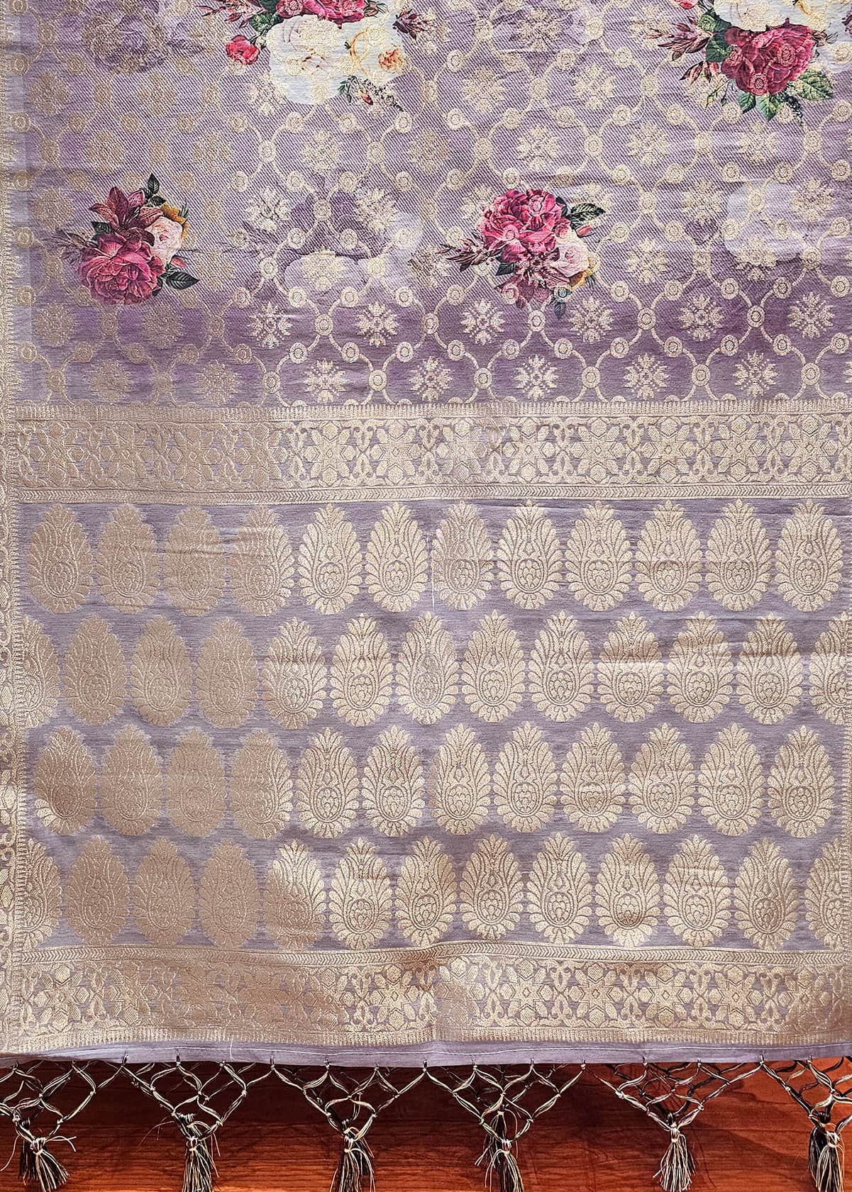 Chanderi Lavender Floral Digital Printed Stole With Jaal Work Zari - Chanderi Stole D. No. 4103 Lavender Zoom View Photo