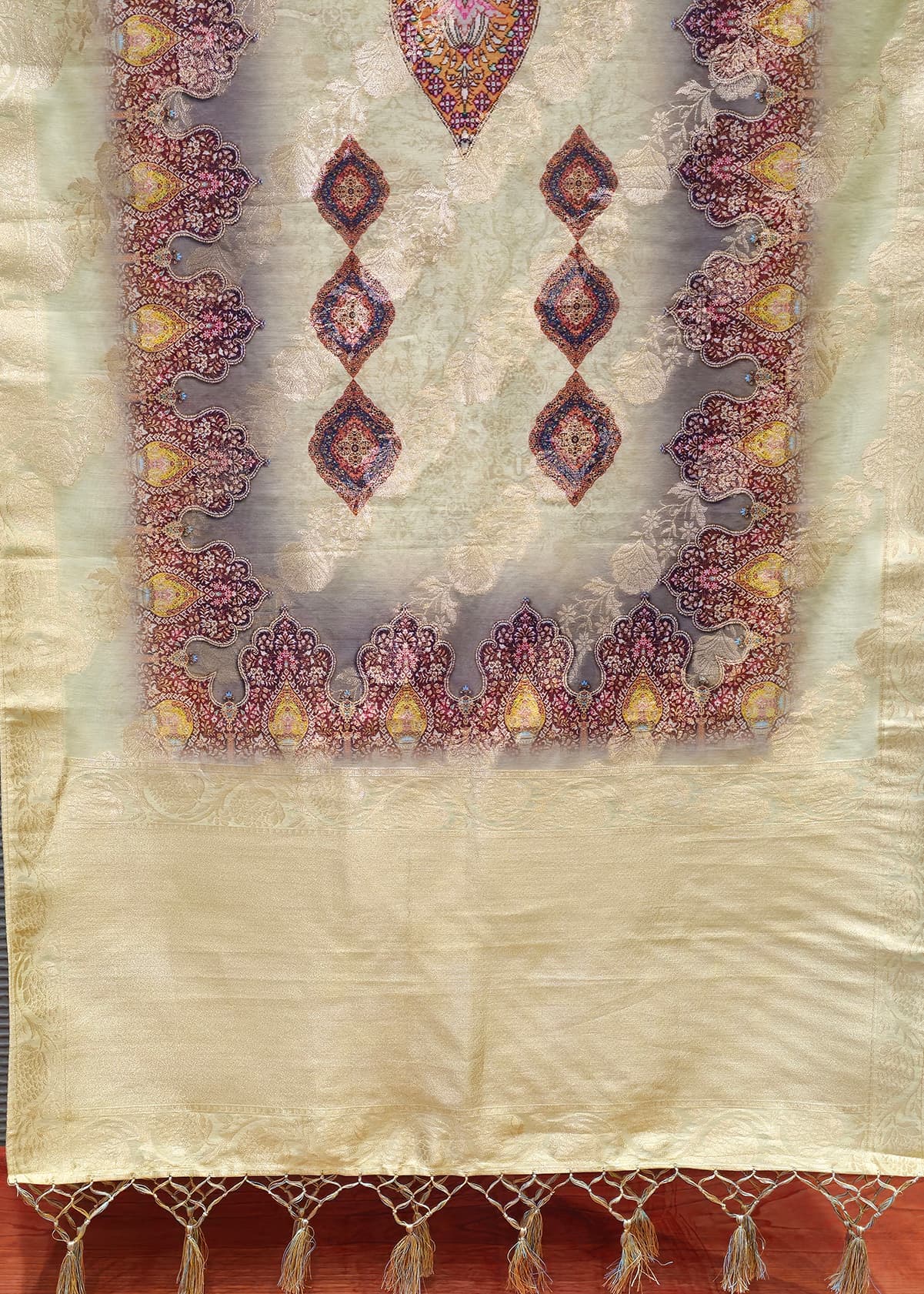 Chanderi Lemon Yellow Floral Digital Printed Stole With Jaal Work Zari - Chanderi Stole D. No. 4104 Lemon Yellow Zoom View Image