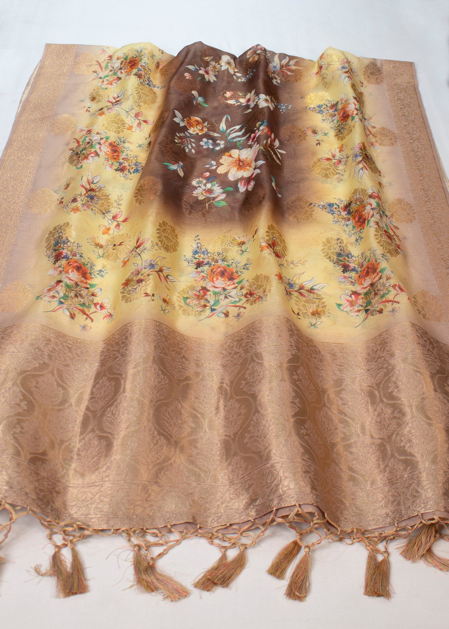 Chanderi Stole With Light Yellow Floral Digital Print, Intricate Zari Woven Border and Graceful Tassels - Chanderi Stole 4113 Light Yellow 2