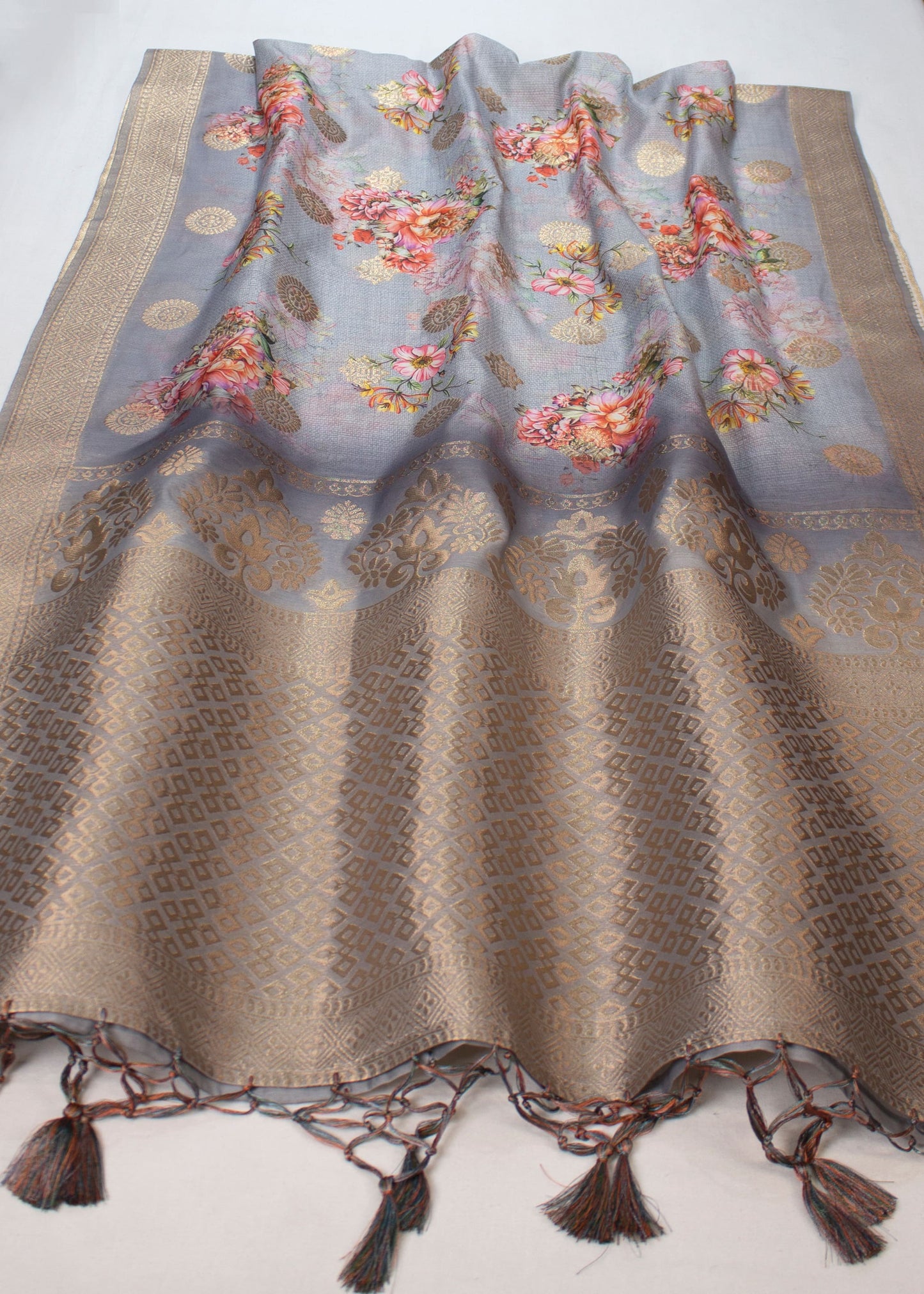 Chanderi Stole in Light Grey with Floral Digital Prints, Zari Woven Butta and Tassels - Chanderi Stole 4108 Light Grey Pose 2