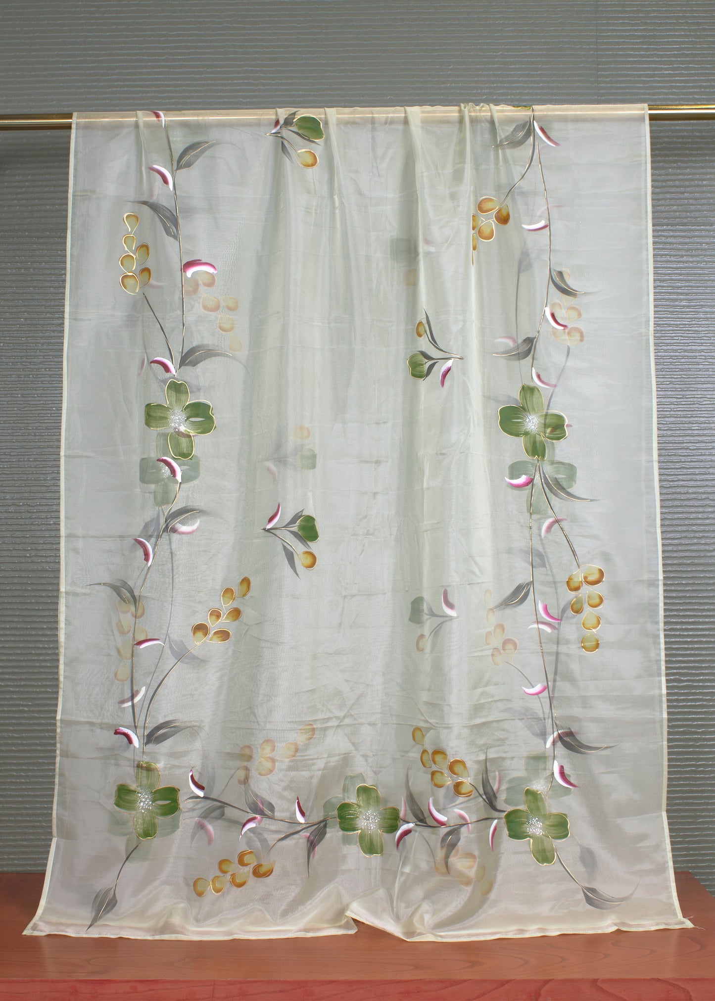 Charming Light Green Organza Dupatta with Hand-Painted Flowers and Intricate Foil Work