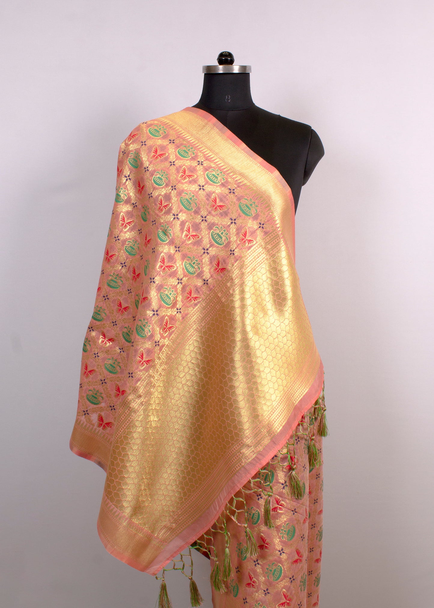 Charming Peach Chanderi Stole Showcasing Ethnic Digital Prints, Exquisite Zari Jaal Weaving, and Butta - Chanderi Stole 4120 Peach Modeling 2