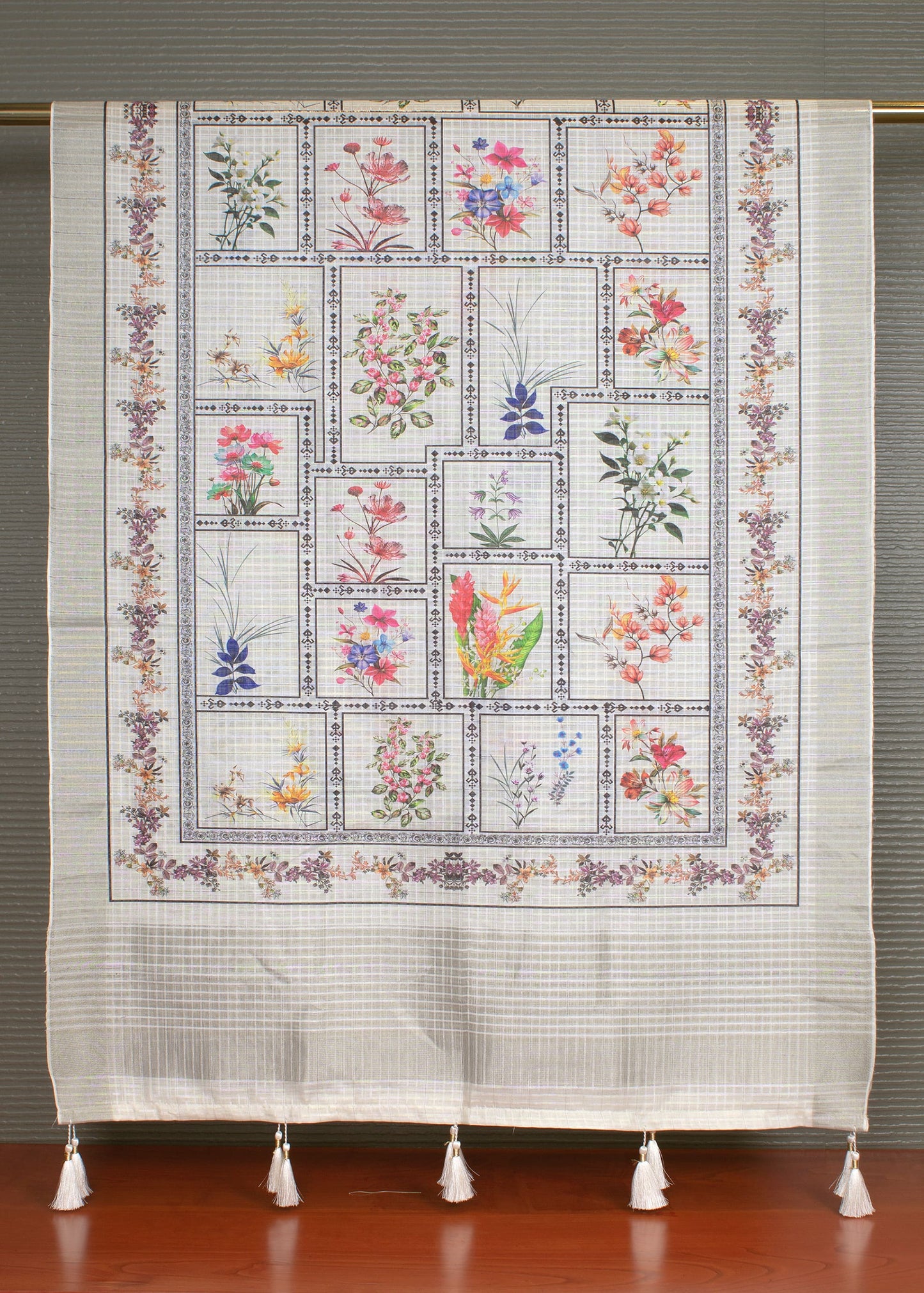 Chic White Linen Dupatta with Blooming Floral Digital Prints and Flowing Tassels - Linen 2124 White image 2