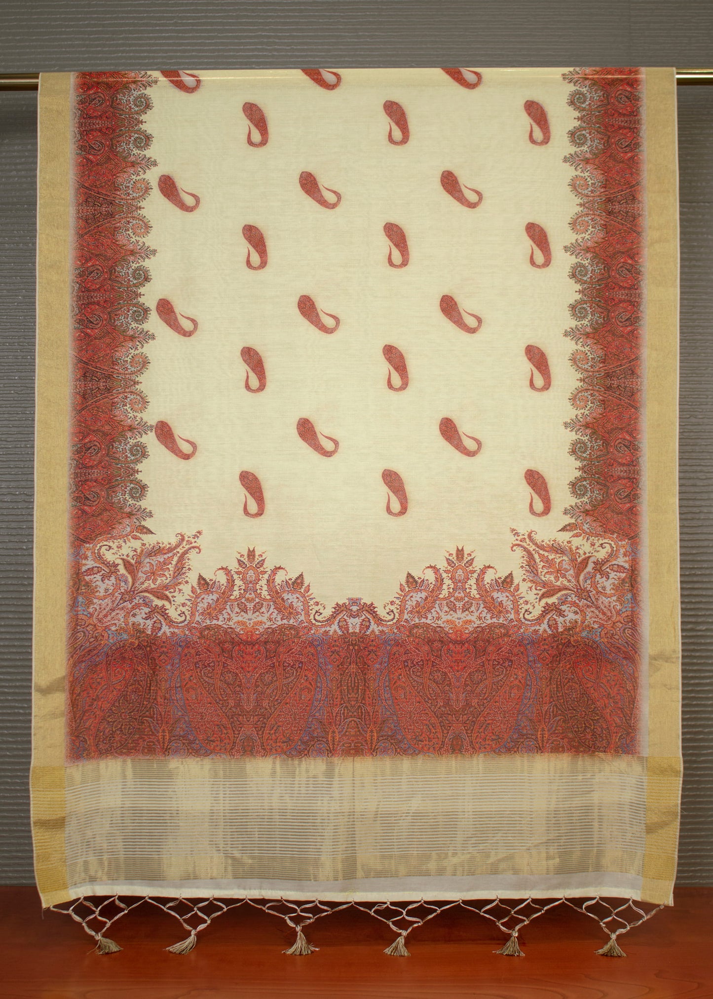 Cream Paisley Soft Linen Dupatta with Digital Prints, Zari Woven Border, and Graceful Tassels - Soft Linen 2106 Cream Image 2