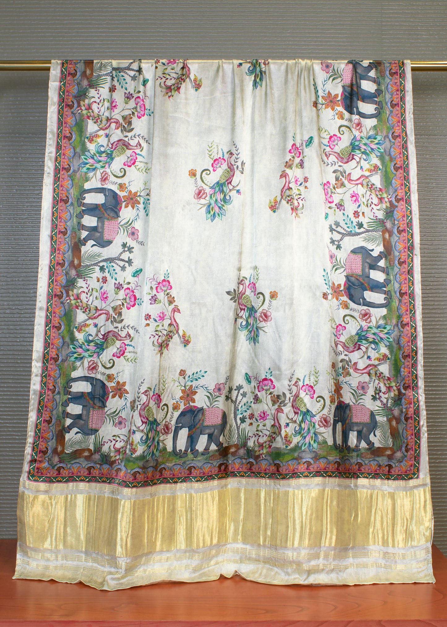 Cream Pure Gaji Silk Dupatta Featuring Pichwai Digital Print with Ornate Zari Lagdi Patta - Pure Gaji Silk Dupatta 1124 Cream Pose 2