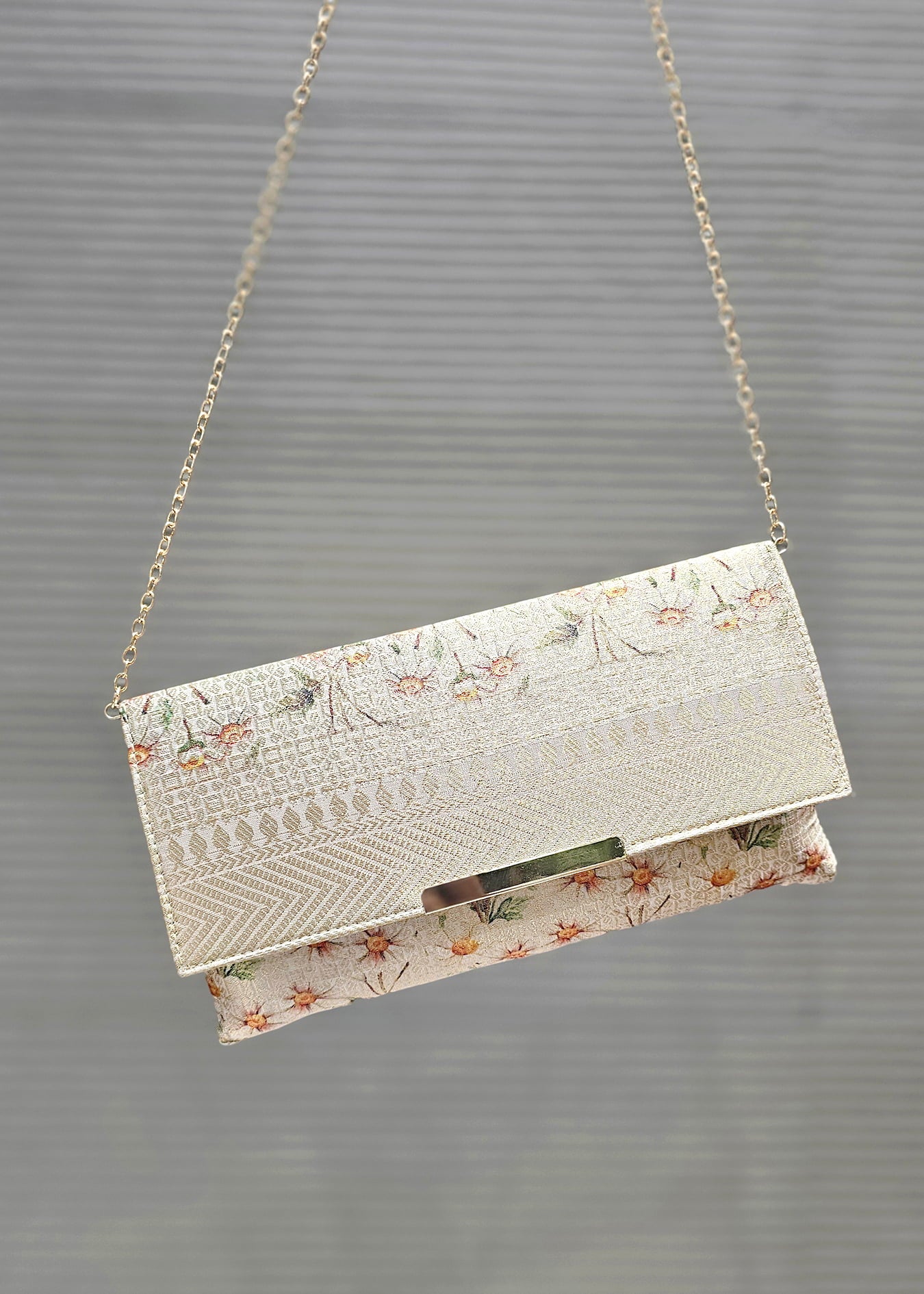 Cream Zari Woven Art Silk Clutch with golden Sling 1 - Clutch D.No.01 P7 Cream Side Image