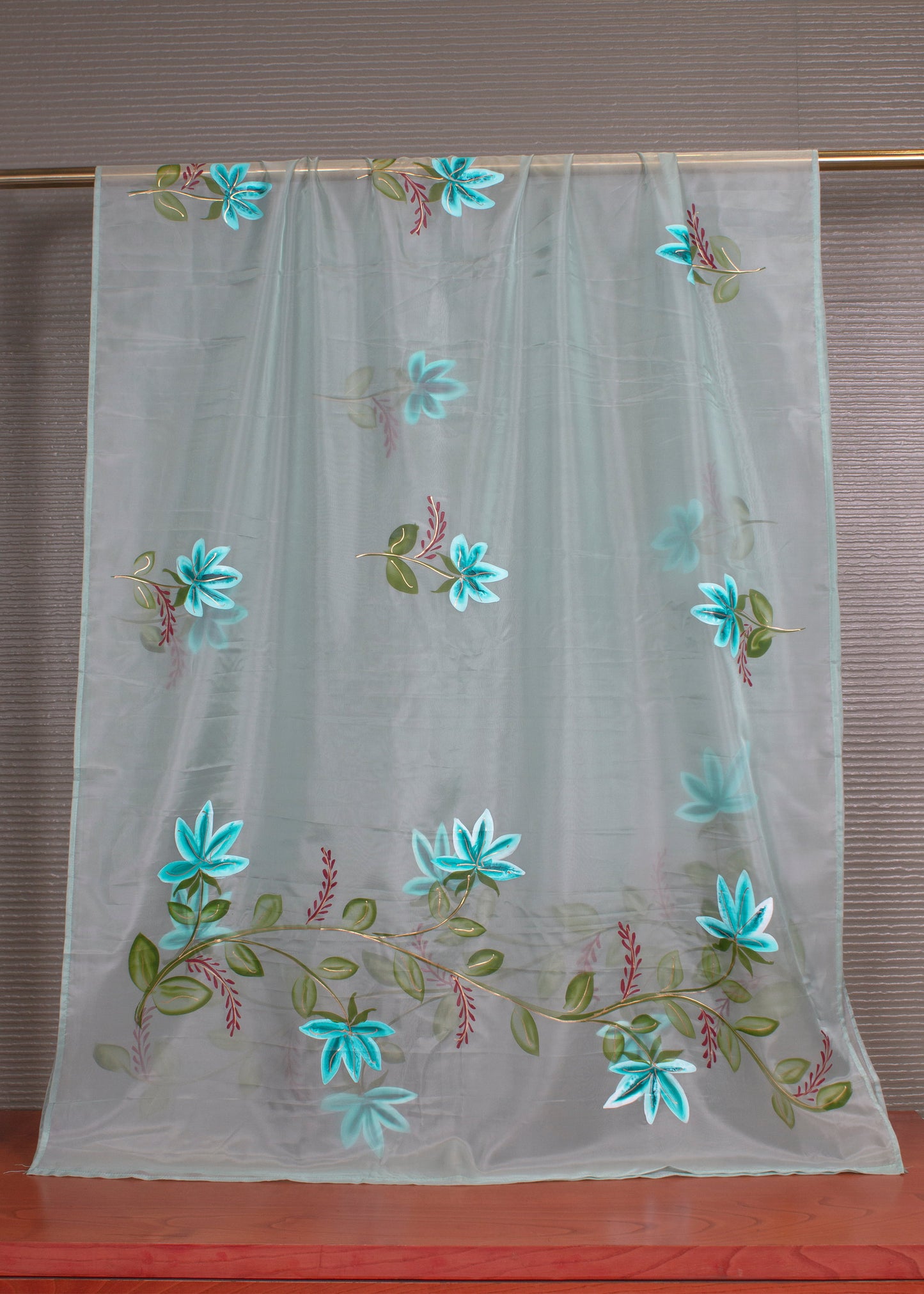 Delicate Sky Green Organza Dupatta featuring Hand-Painted Flowers and Shimmering Foil Accents - Trinkal 113 Sky Green Full View
