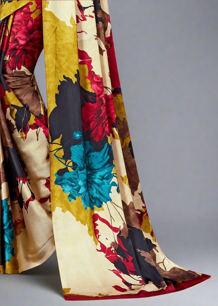 Designer Satin Crepe Saree in Multicolor with Beautiful Floral Prints - Signature Prints 7714-D Multicolor Pallu View