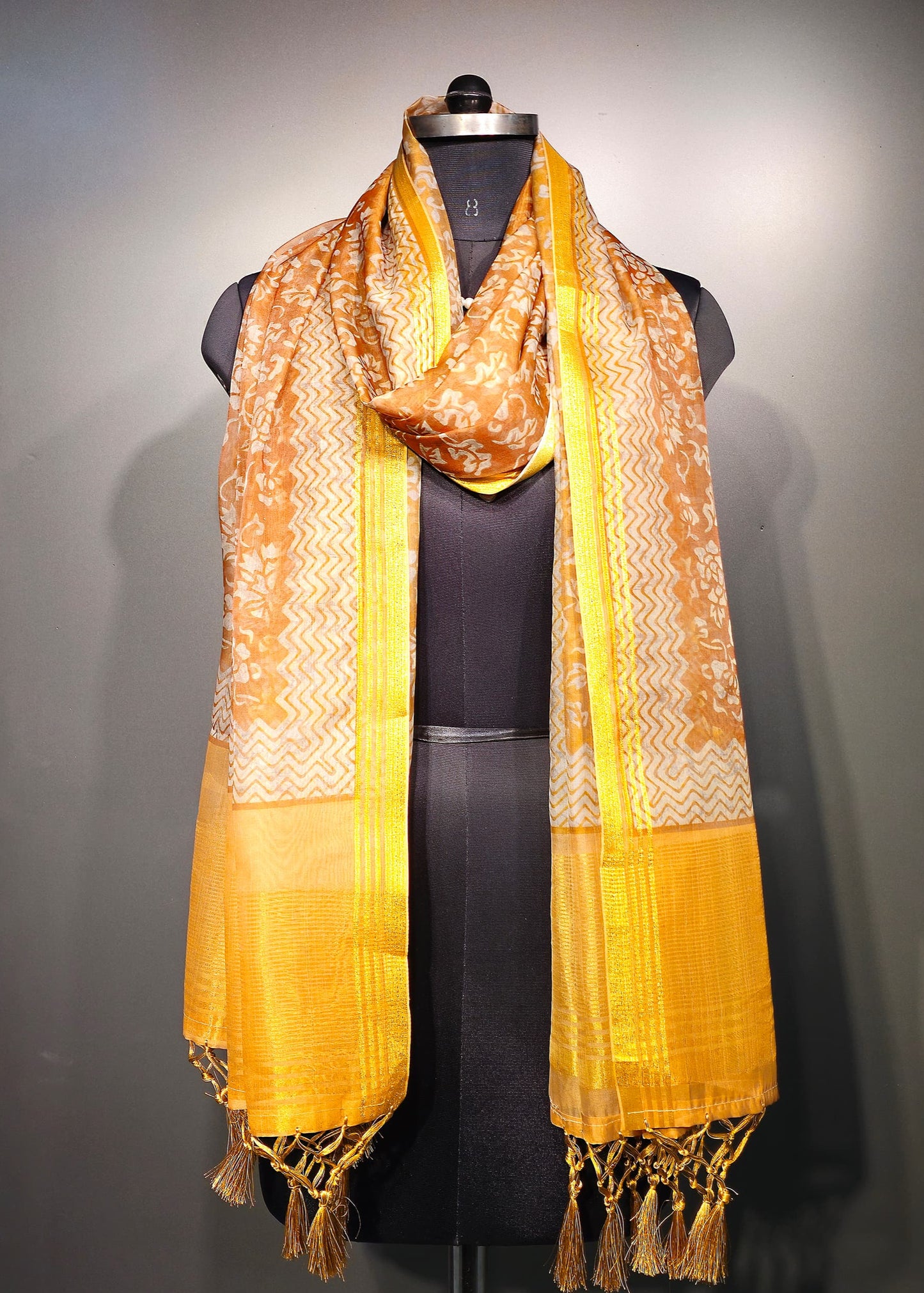 Yellow Digital Printed Organza Dupatta With Zari Weave Border