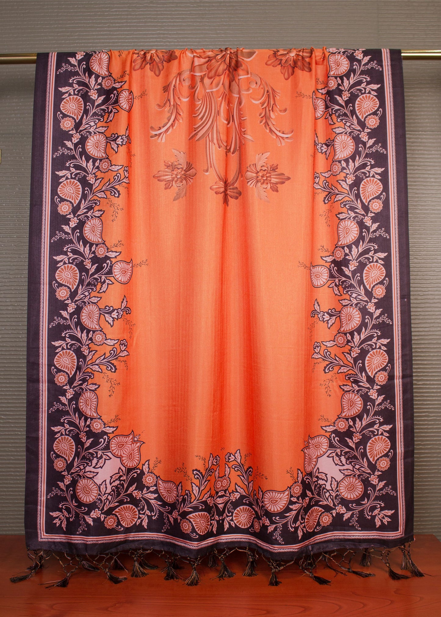 Elegant Orange Pashmina Dupatta Featuring Kalamkari Prints and Decorative Tassels - Pashmina Dupatta 3122 Orange Pose 2