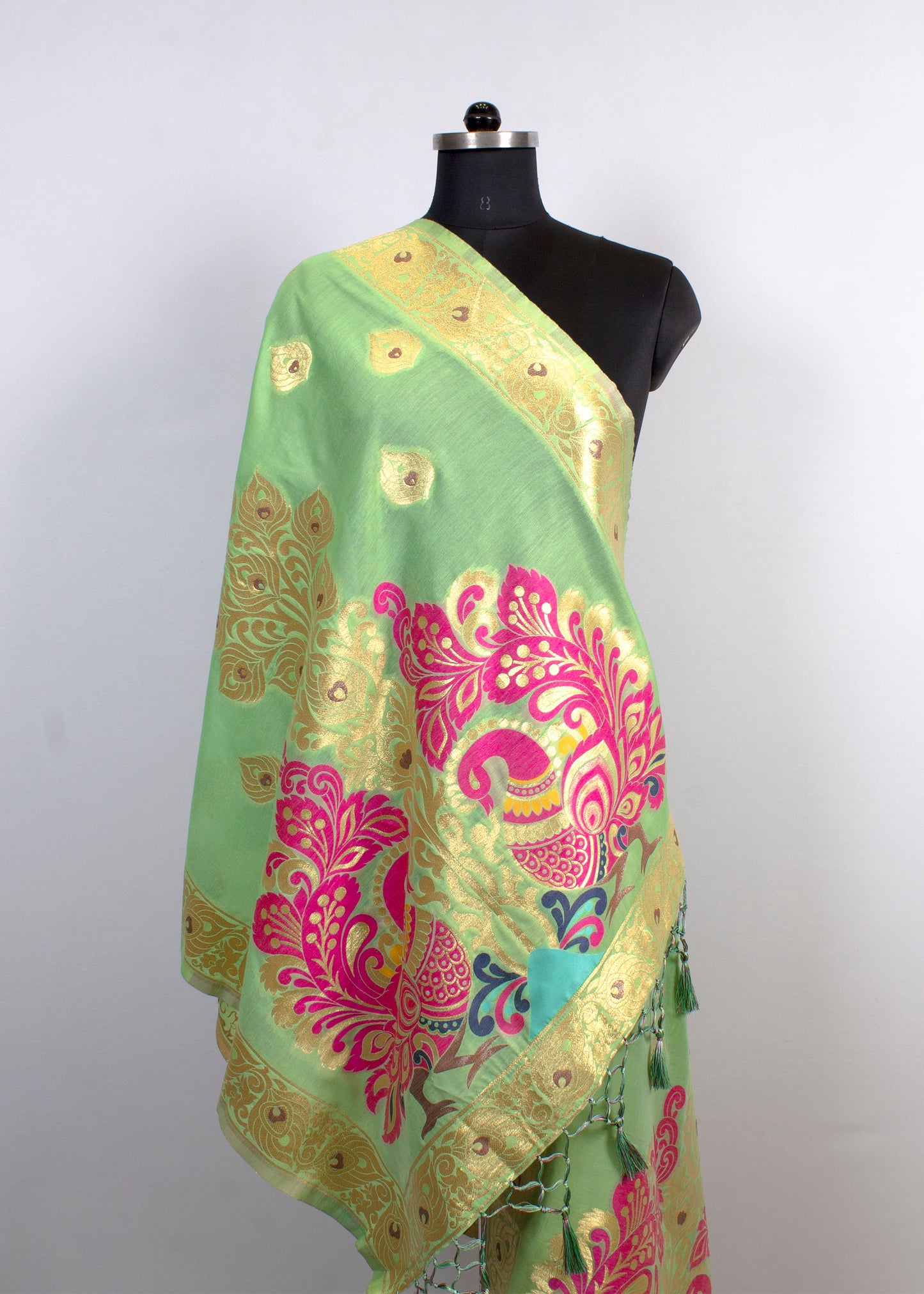 Elegant Pista Chanderi Stole Showcasing Kalamkari Digital Print with Intricate Zari Butta and Woven Border - Chanderi Stole 4123 Pista Second Image