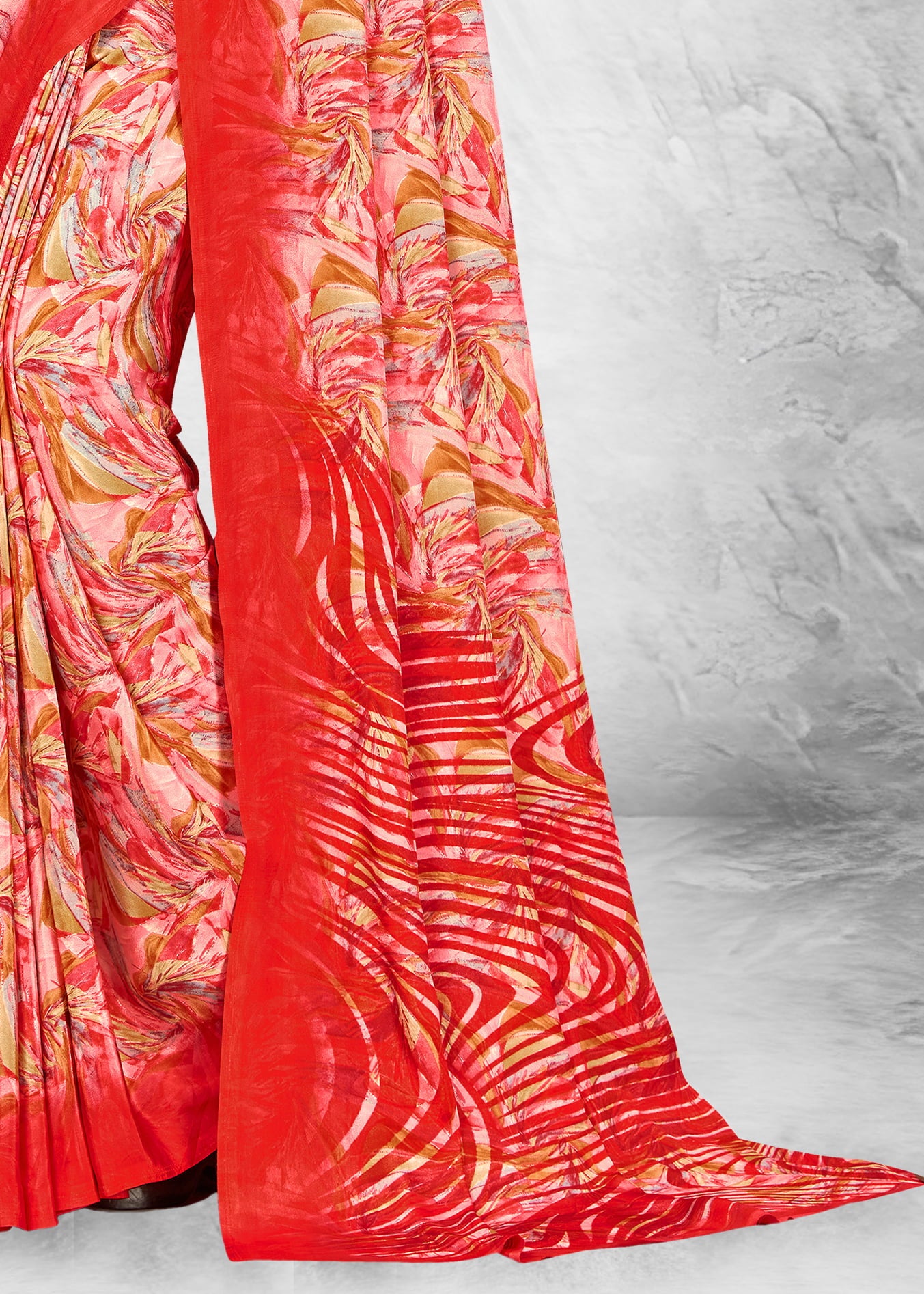 Elegant Red Crepe Saree Featuring Contemporary Abstract Prints - Sabarmati Silk 5518-A Red Pose 3