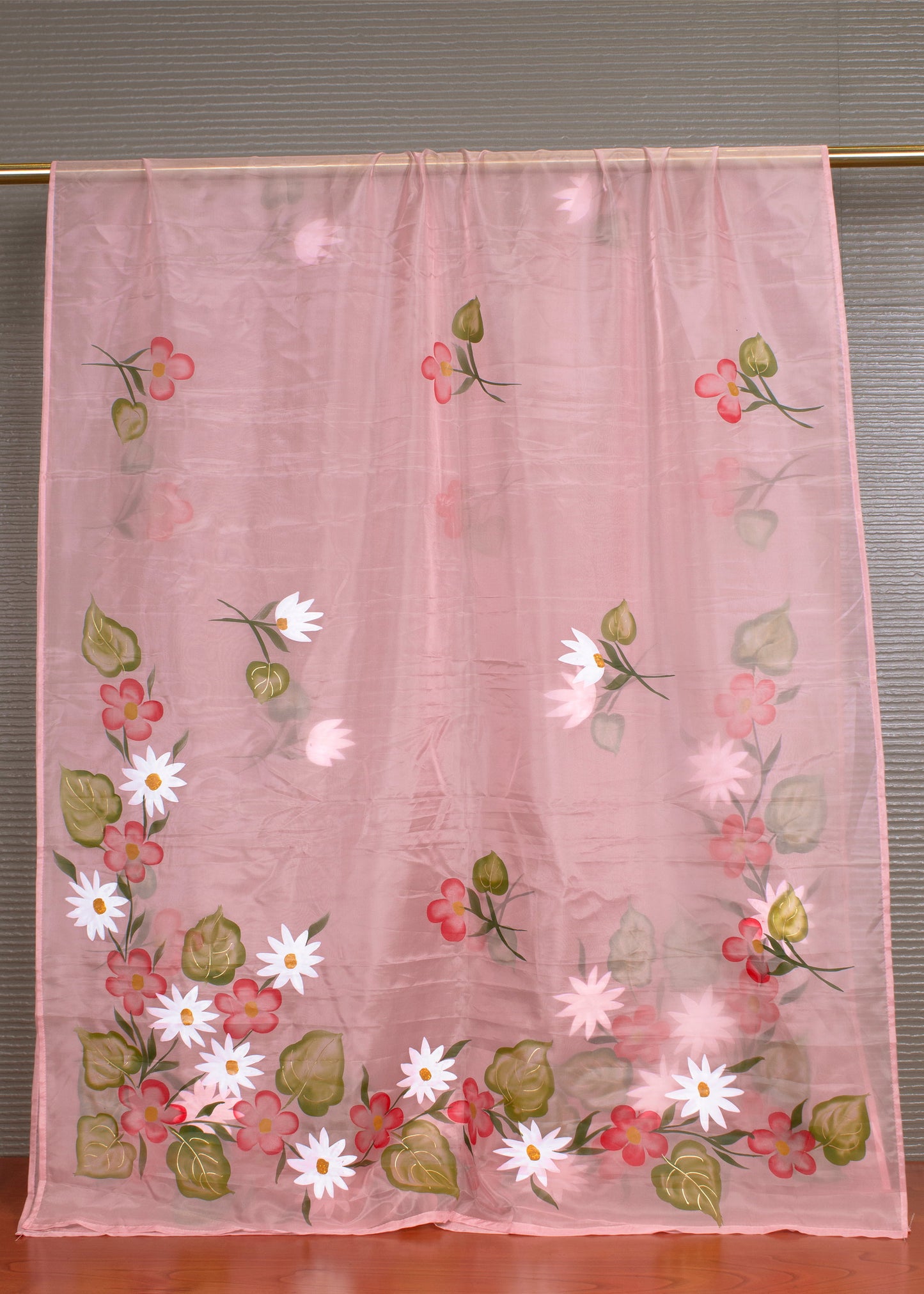 Elegant Rose Pink Organza Dupatta featuring Hand-Painted Flowers and Golden Foil Accents - Trinkal 117 Rose Pink Product View 2