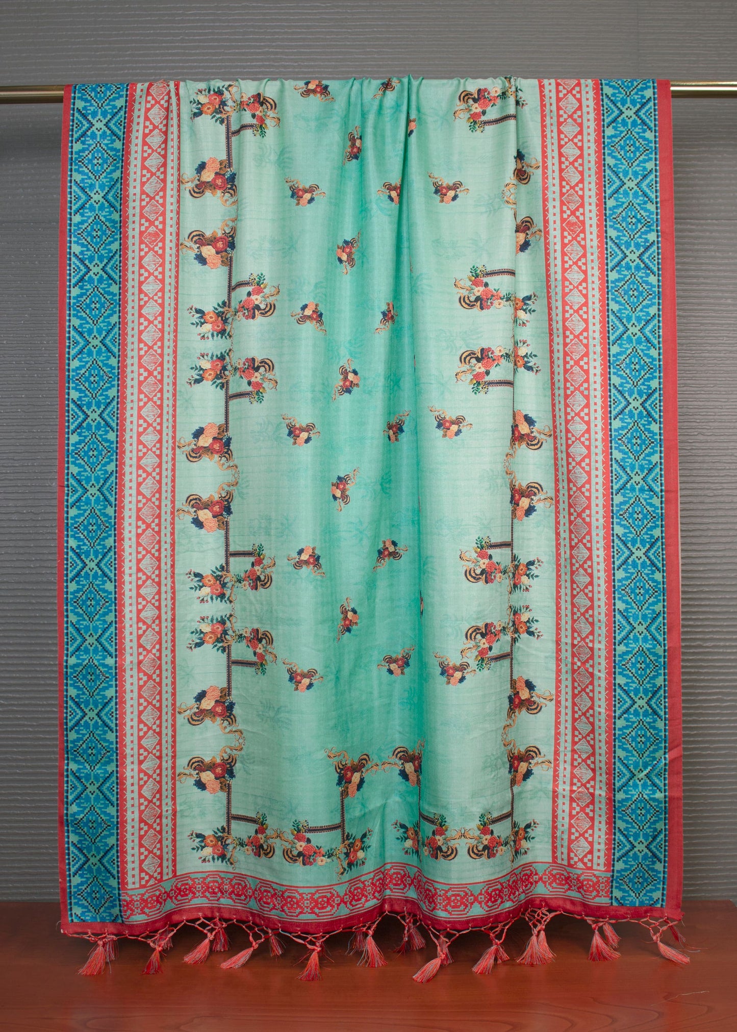 Elegant Sky Green Kalamkari Digital Printed Pashmina Dupatta with Tassel - Pashmina Dupatta 3115 Sky Green Design 2