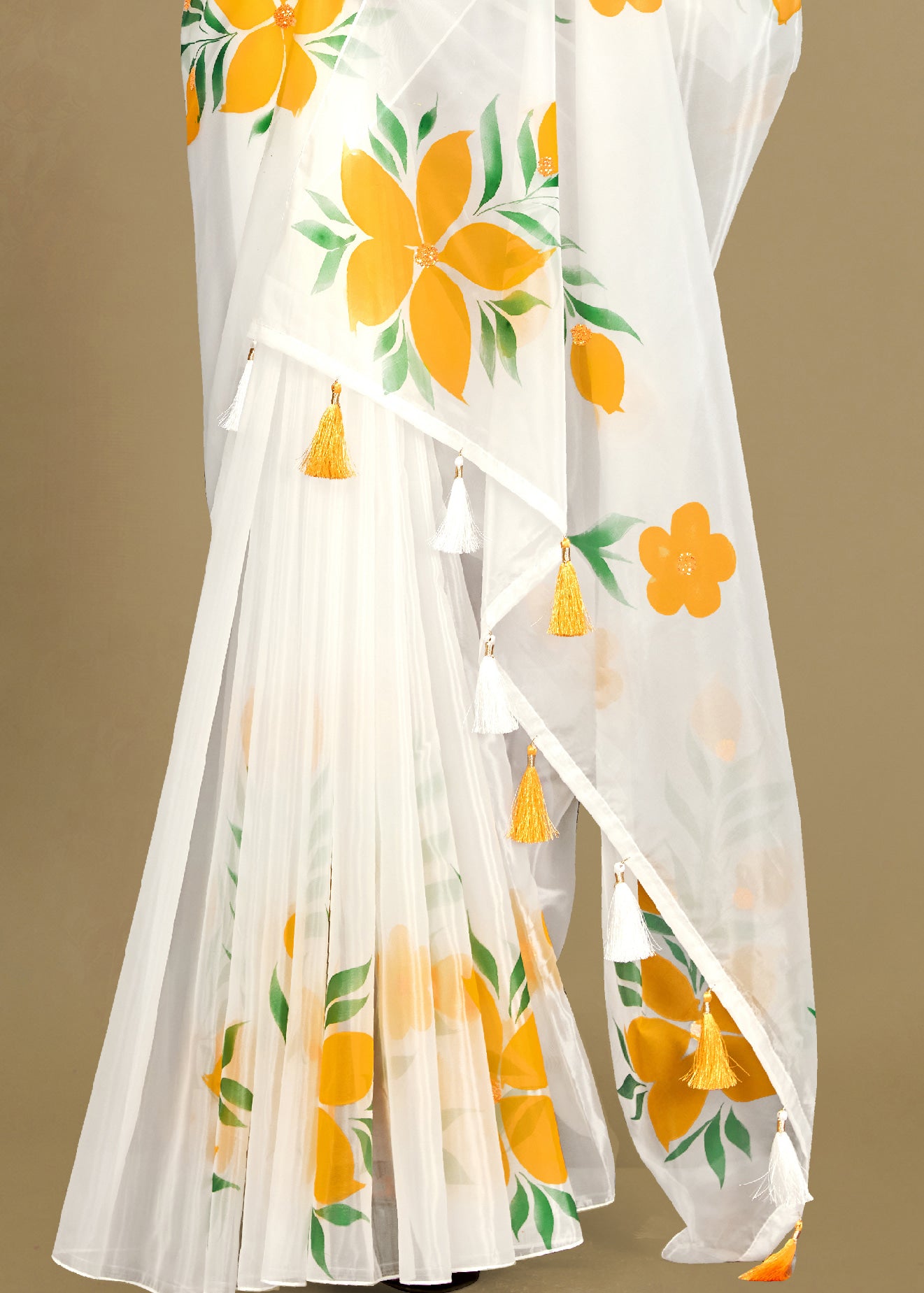 Elegant White Organza Saree Adorned with Crystal Embellishments, Hand-Painted Florals, and Delicate Tassels - Titli Print 15058 White Modeling 3