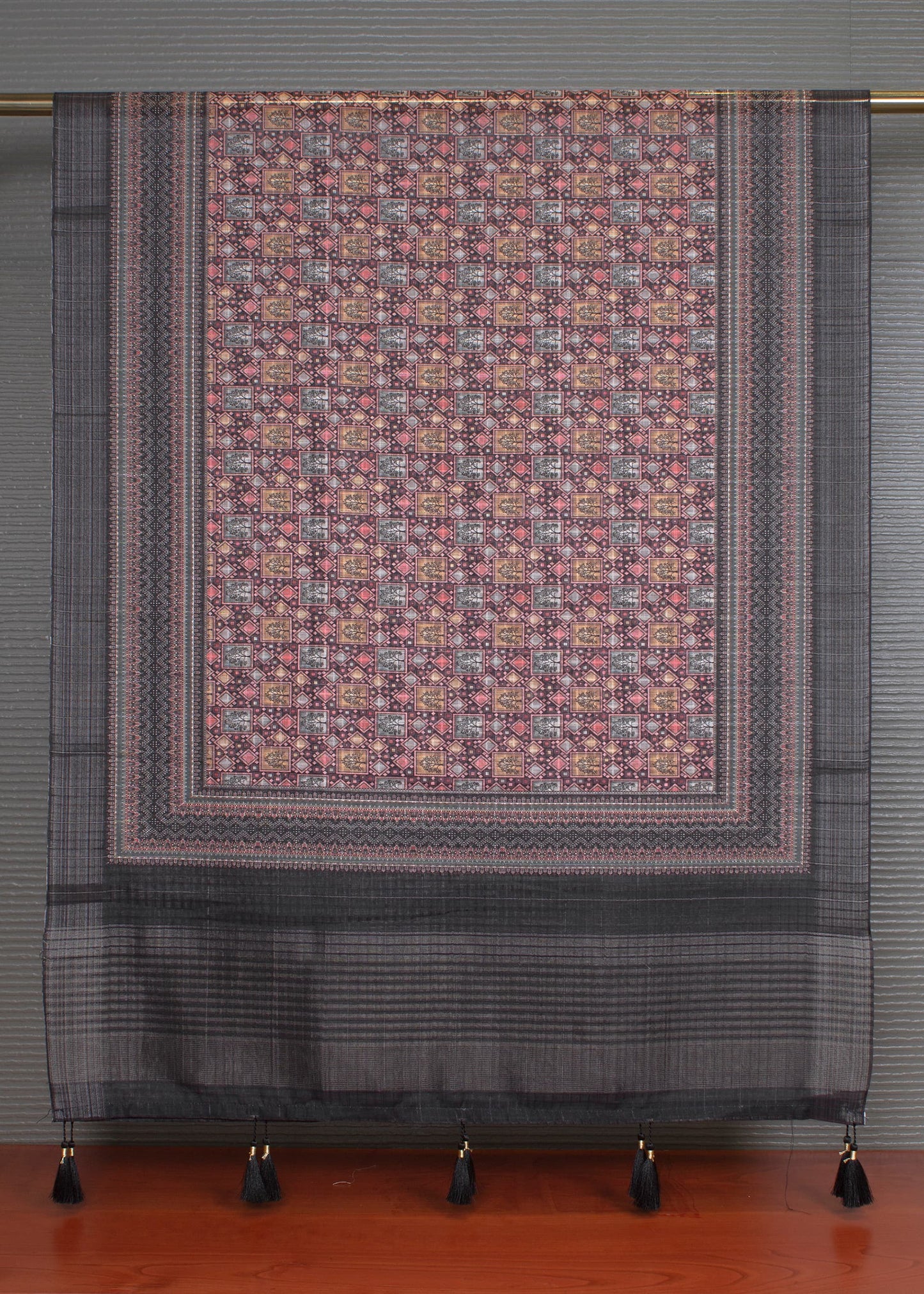 Ethnic Digital Printed Black Linen Dupatta with Stylish Tassels - Linen 2122 Black Second Image