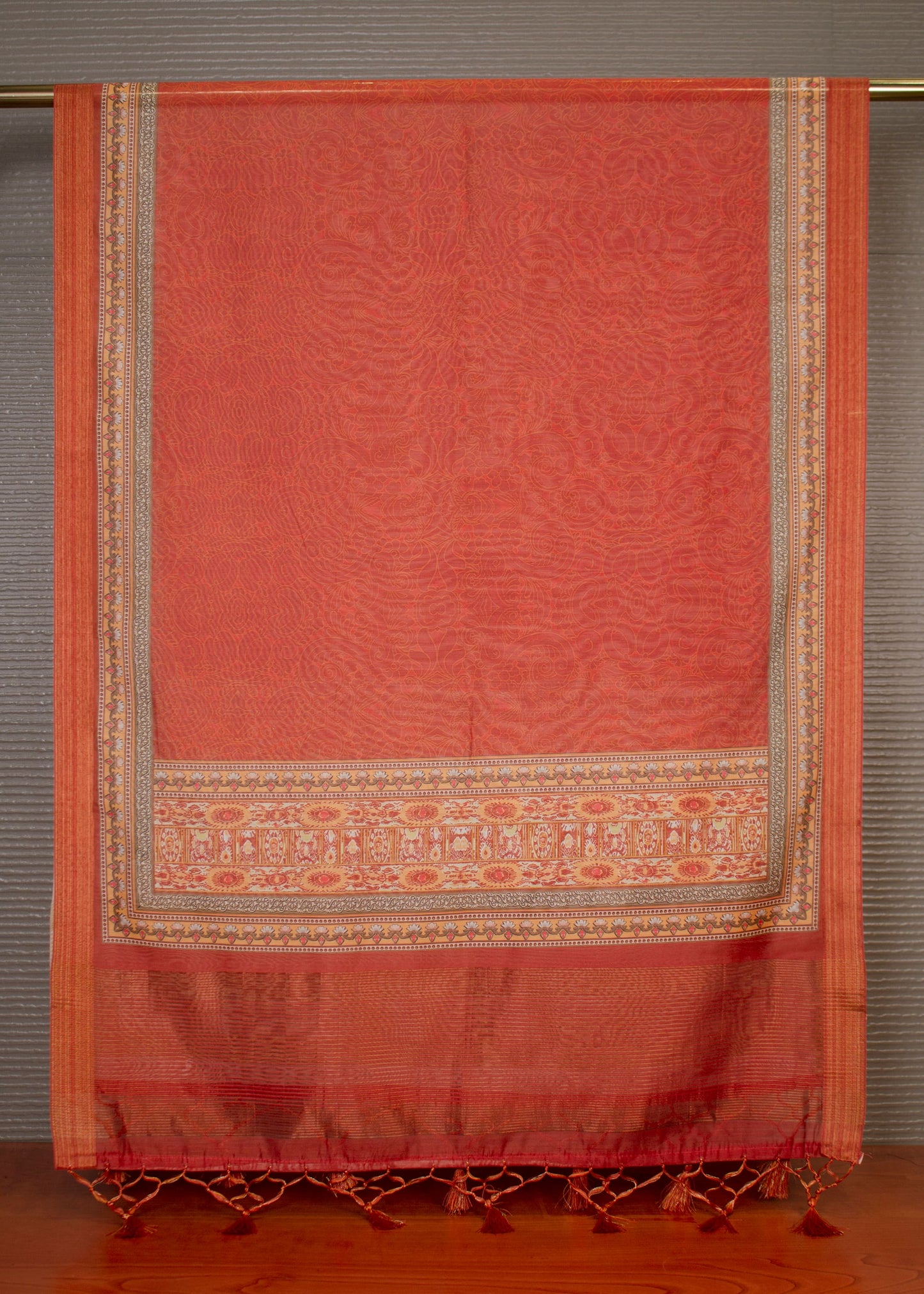 Ethnic Motif Printed Red Orange Hard Linen Dupatta with Zari Woven Border and Graceful Tassels - Hard Linen 2117 Red Orange Pose 2