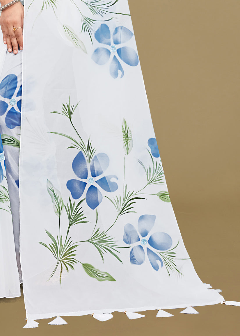 Fine Organza Crystal Embellished White Saree with Floral Hand Painted Work - Titli Print D.No. 15005 White Pallu View Image
