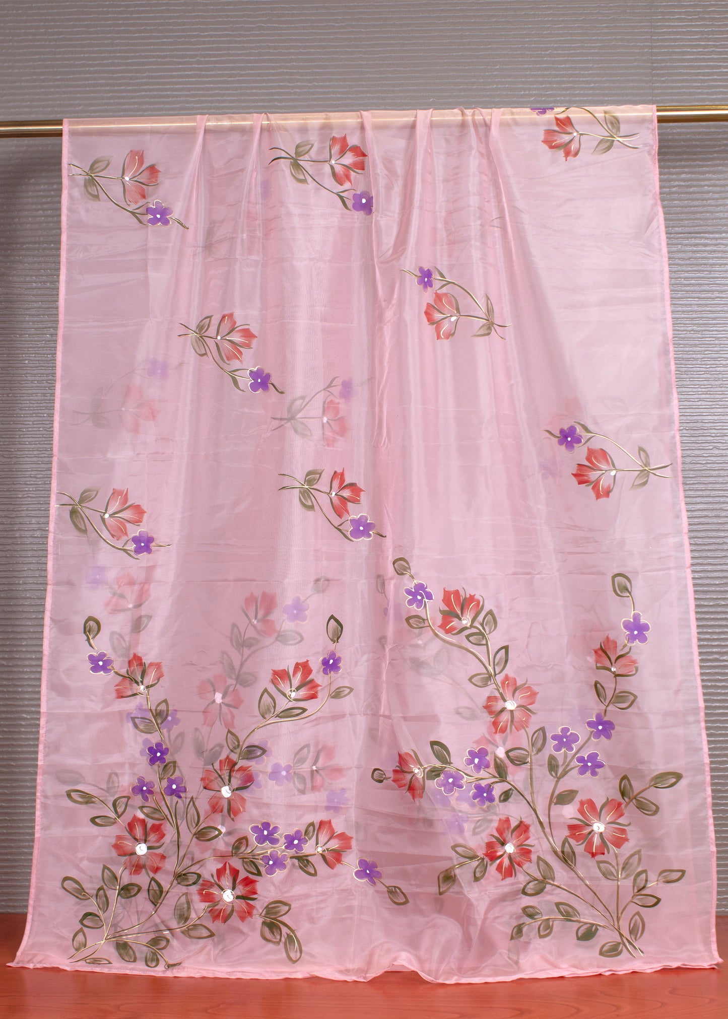 Fine Organza Dupatta in Peach with Artistic Hand-Painted Flowers and Subtle Foil Highlights - Trinkal 114 Peach Image 2