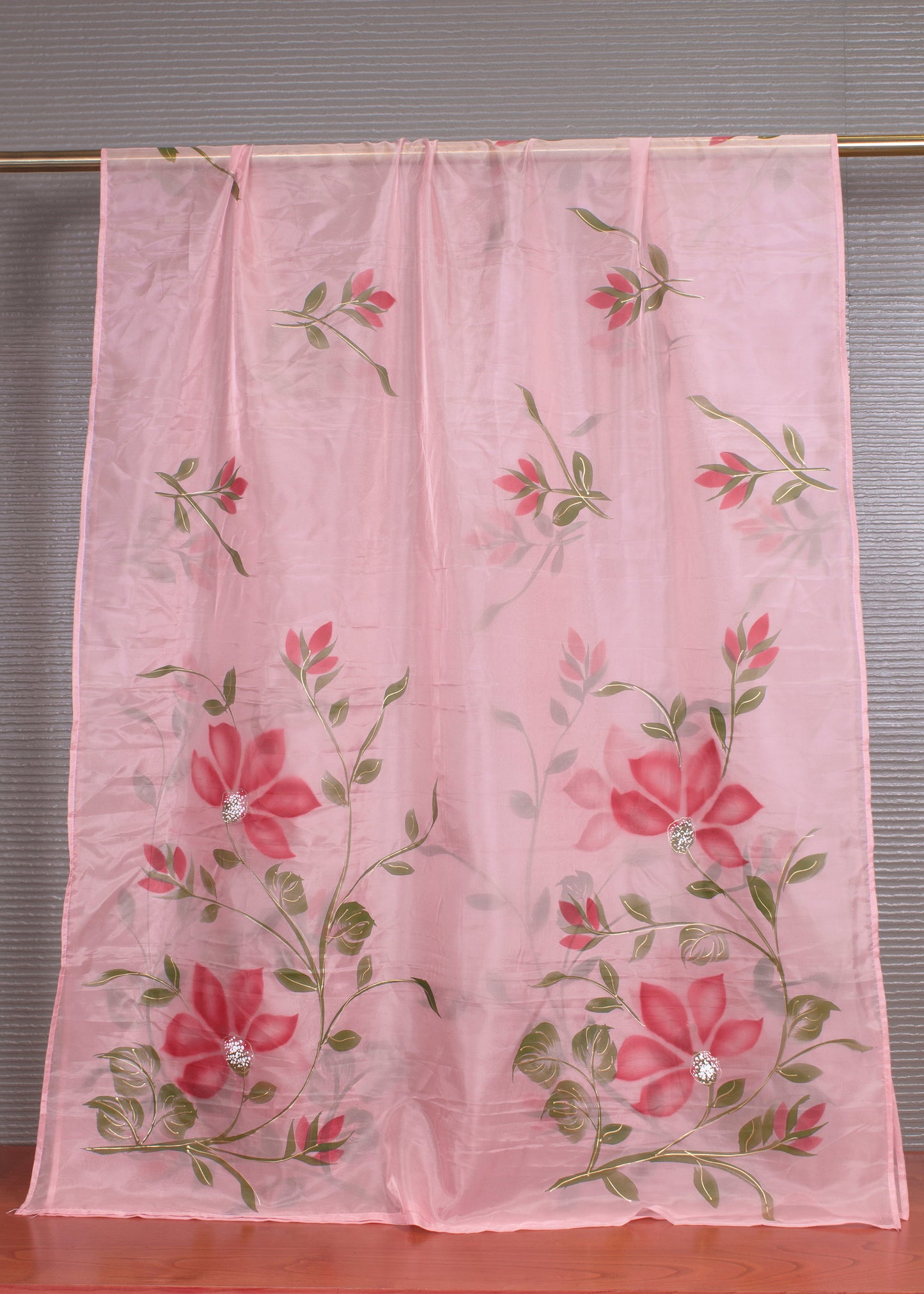 Fine Organza Dupatta in Rose Pink Adorned with Hand-Painted Florals and Shimmering Foil Work - Trinkal 112 Rose Pink 2