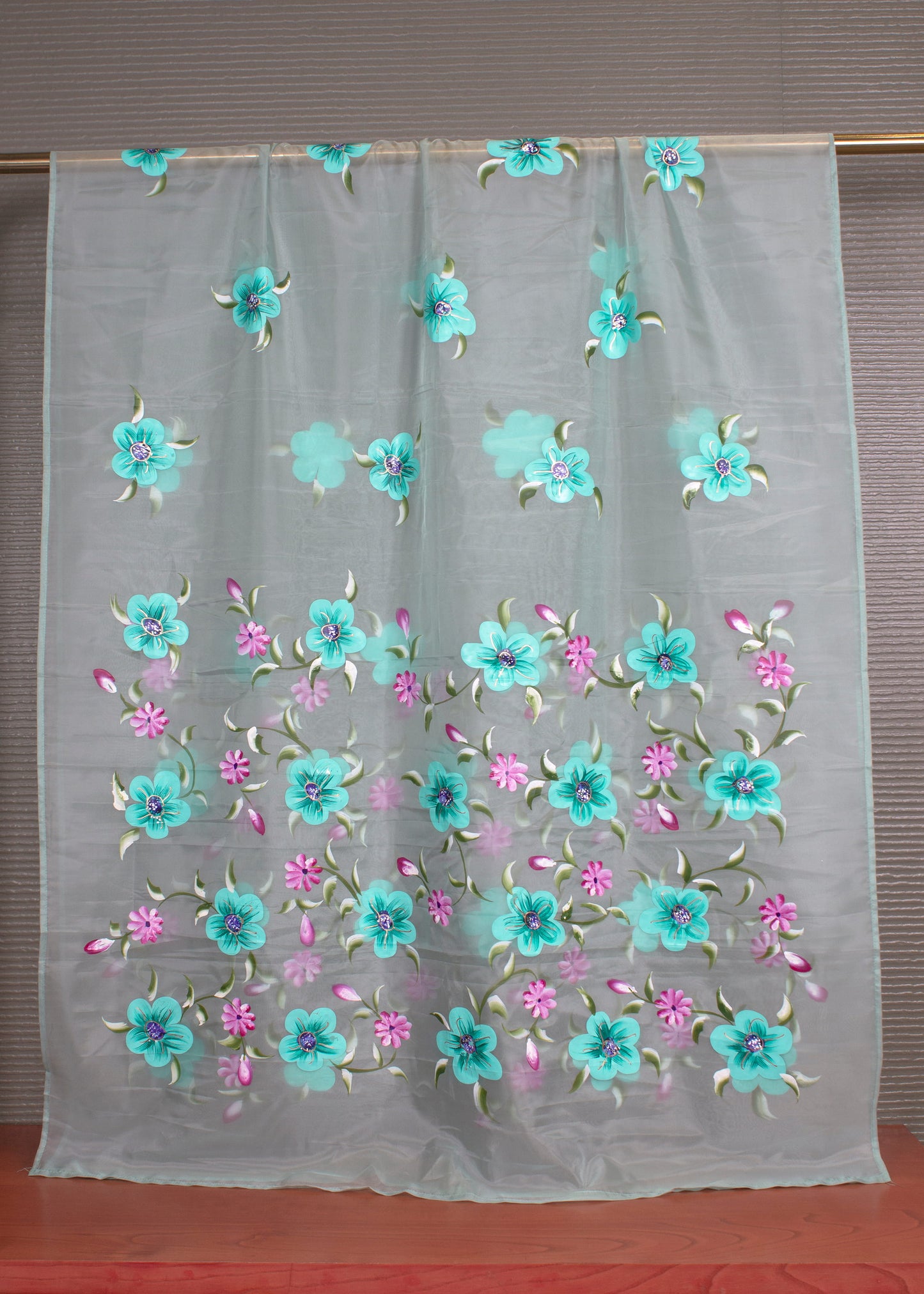 Fine Organza Dupatta in Sky Green Adorned with Hand-Painted Florals and Golden Foil Highlights - Trinkal 105 Sky Green View 2