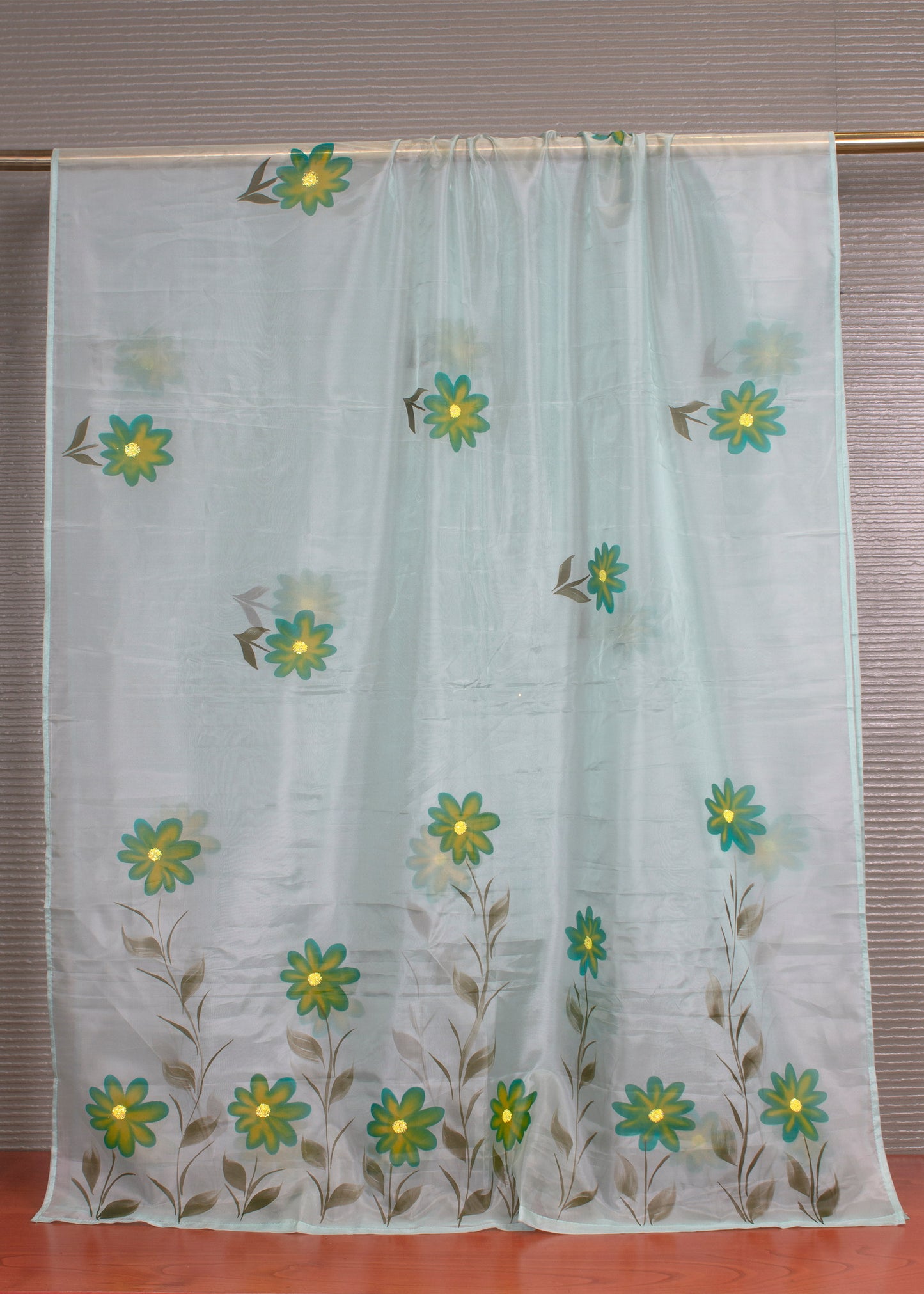 Fine Organza Dupatta in Sky Green Adorned with Hand-Painted Florals and Sparkling Embellishments - Trinkal 107 Sky Green Image 2