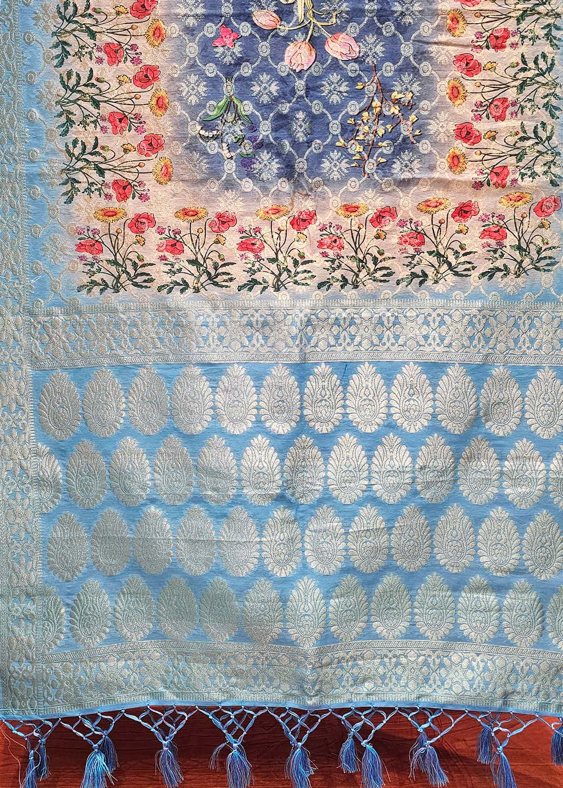 Firozi Floral Digital Printed Chanderi Stole With Jacquard Zari Butta - Chanderi Stole D. No. 4101 Firozi Zoom View Image