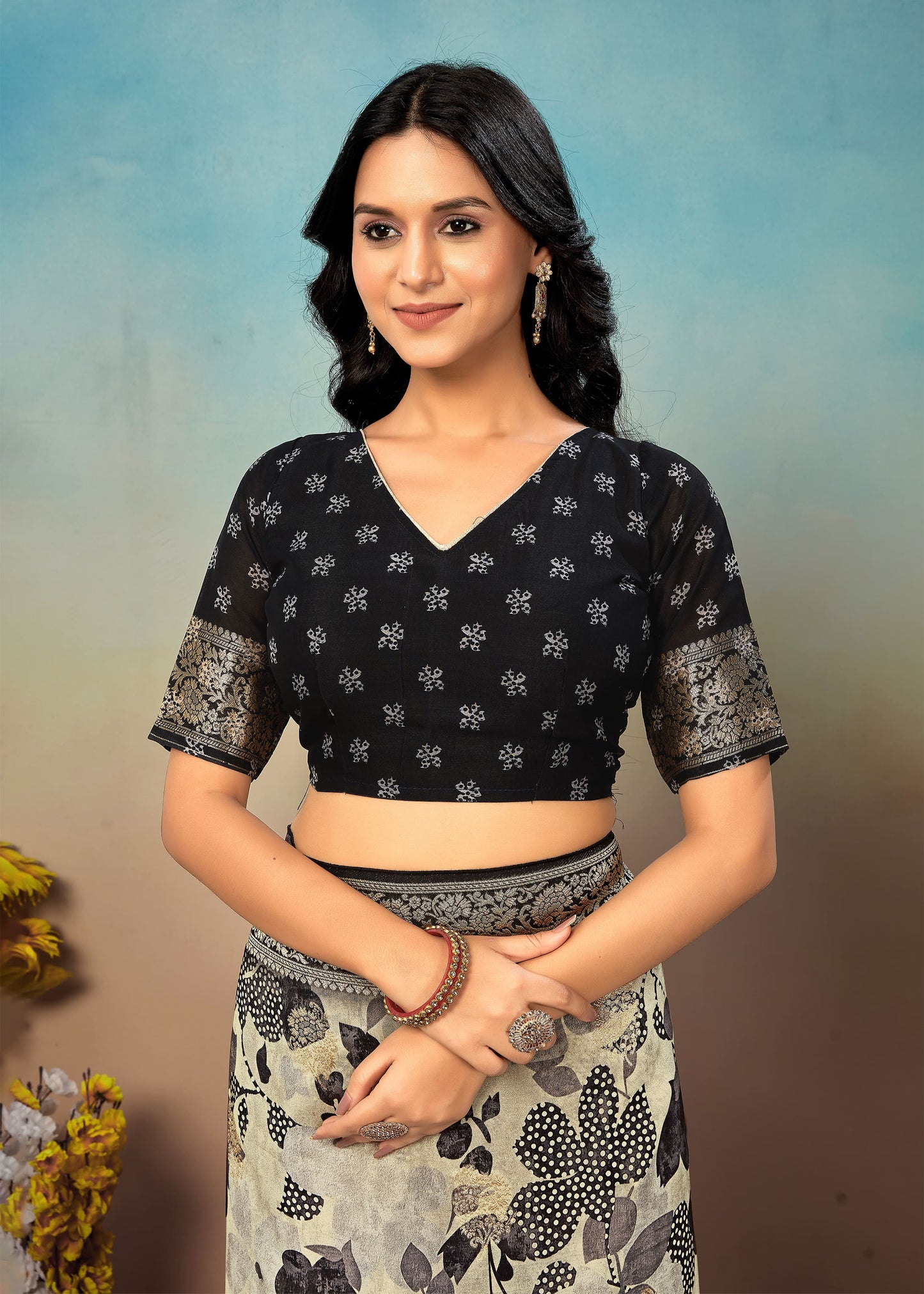 Floral Digital Printed Cream Georgette Saree with Zari Woven Borders and Graceful Butta - Inaya Silk 41052 Cream Pose 5