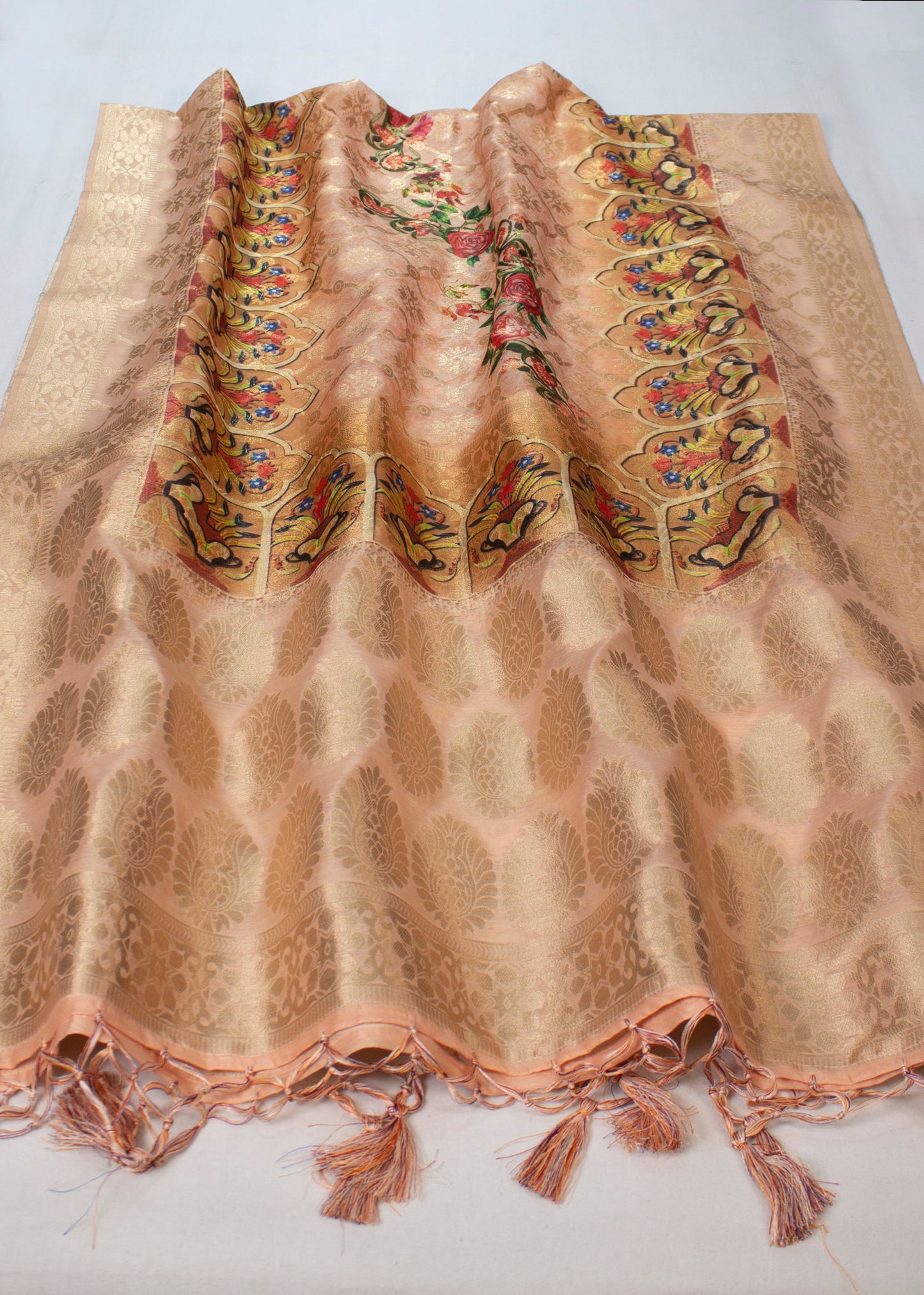 Floral Digital Printed Peach Chanderi Stole Adorned with Jacquard Zari Butta and Tassels - Chanderi Stole 4109 Peach Modeling 2