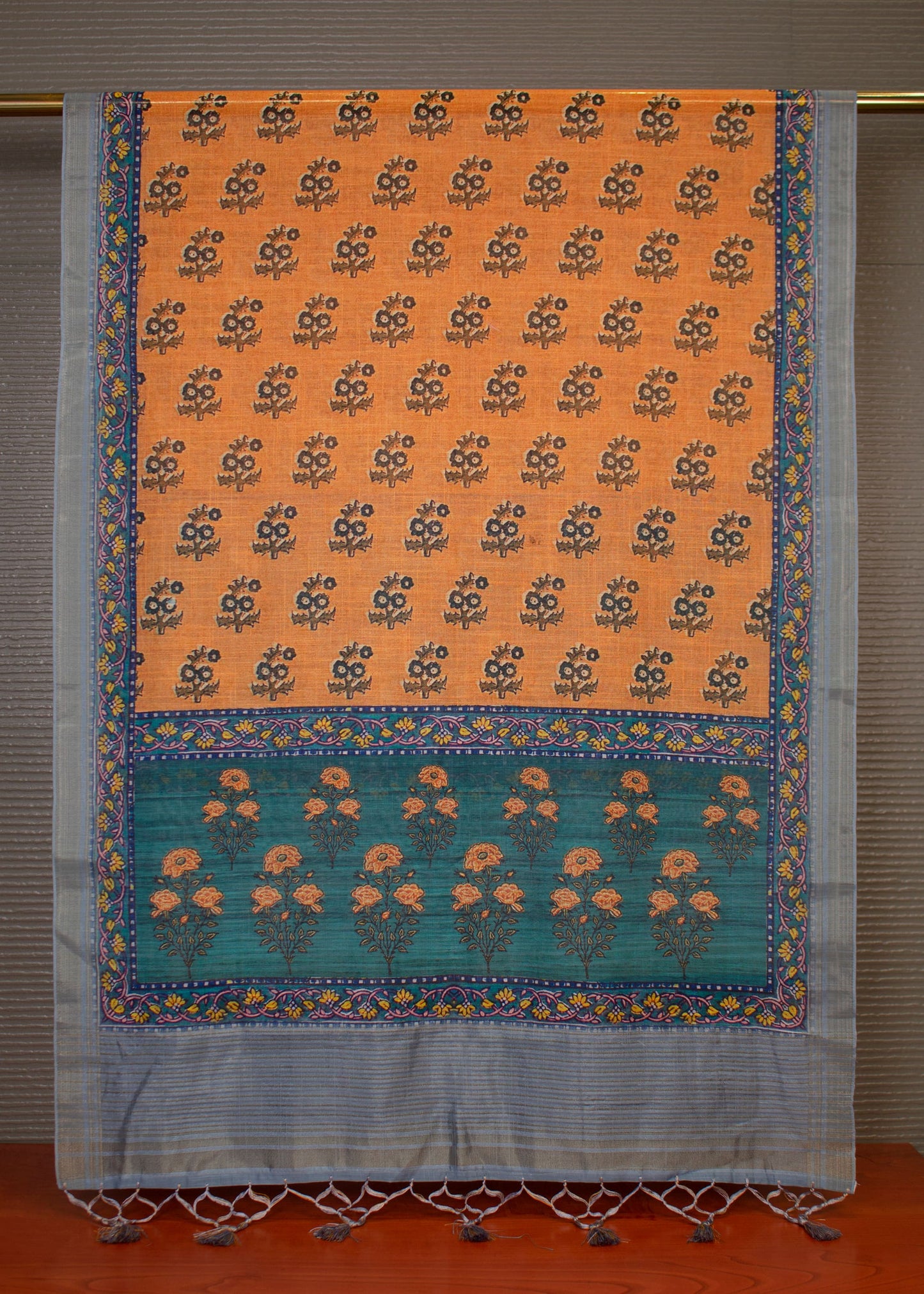 Floral Kalamkari Printed Bronze Hard Linen Dupatta with Zari Woven Botder and Tassels - Hard Linen 2108 Bronze 2