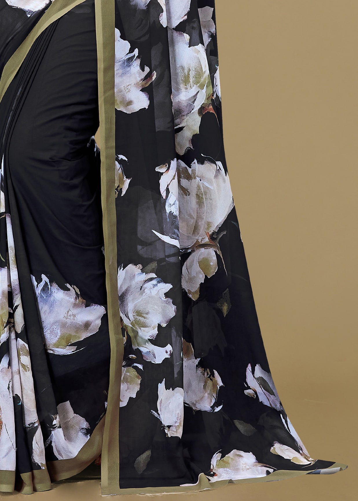 Flowy Black Georgette Saree with Stylish Abstract Floral Motifs in Digital Print - Baarish Print 13177 Black Modeling 3