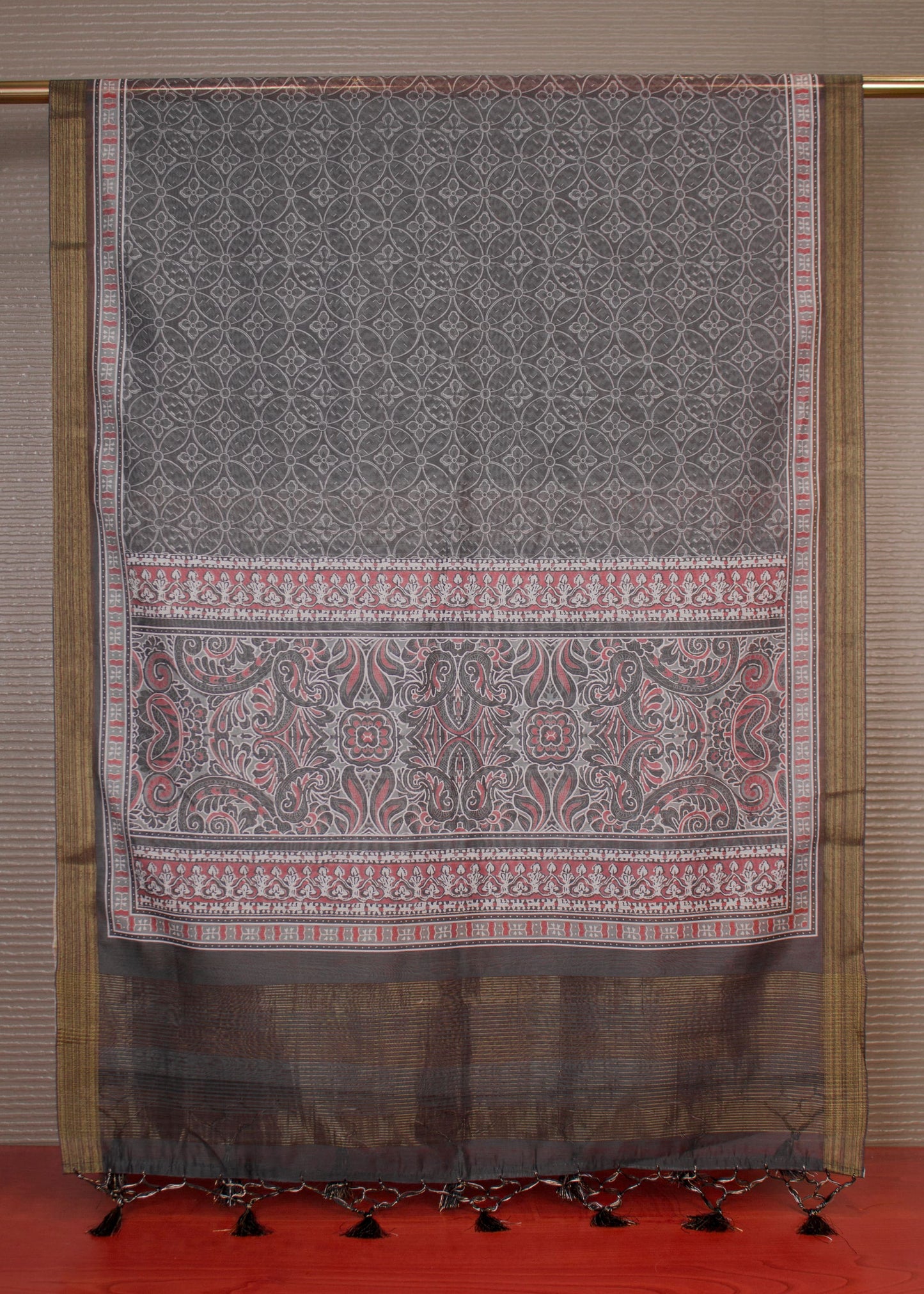 Grey Hard Linen Dupatta Adorned with Ethnic Prints, Zari Woven Border and Tassel Accents - Hard Linen 2113 Grey Image 2