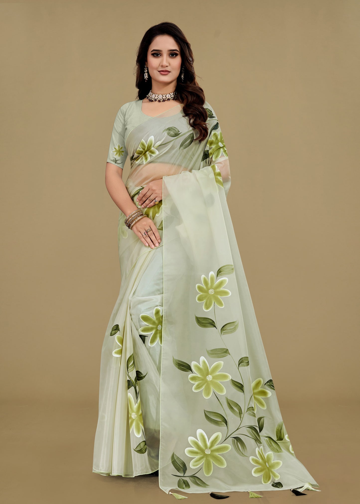 Hand-Painted Floral Organza Saree in Mint Green with Crystals and Tassels - Titli Prints 15065 Mint Green image 1