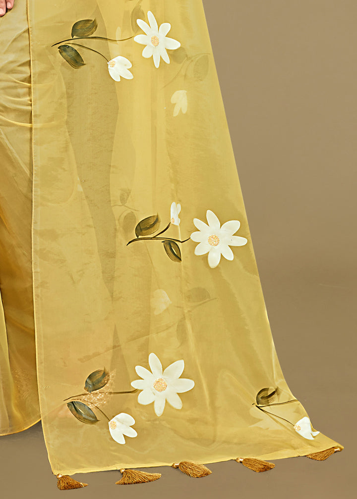 Handpainted Crystal Embellish Yellow Fine Organza Saree with Tassels - Titli Print D.No. 15007 Yellow 4