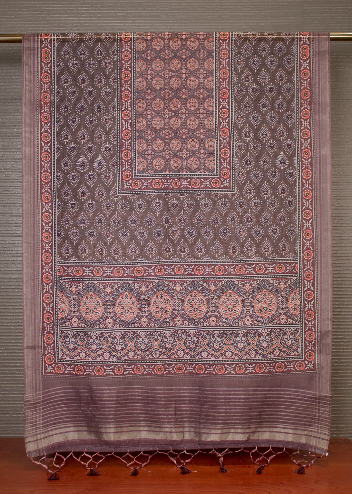 Hard Linen Dupatta with Light Purple Ajrakh Digital Print Intricate Zari Woven Border and Tassels - Hard Linen 2119 Light Purple 2