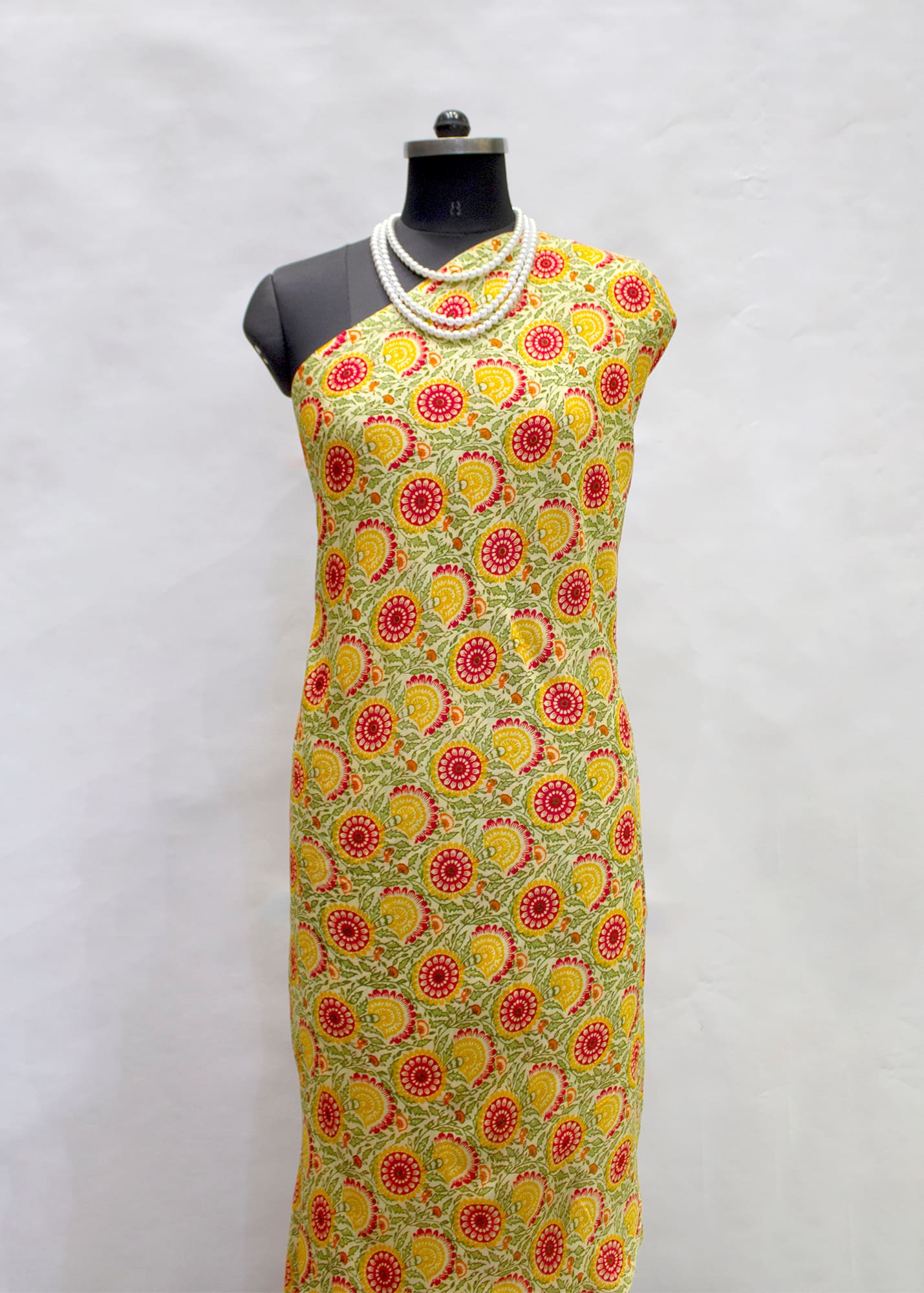 Jasmine Yellow Pure Viscose Georgette Fabric with Floral Kalamkari Table Print - Pure Viscose Georgette D.No. 3505 Jasmine Yellow Full Image View