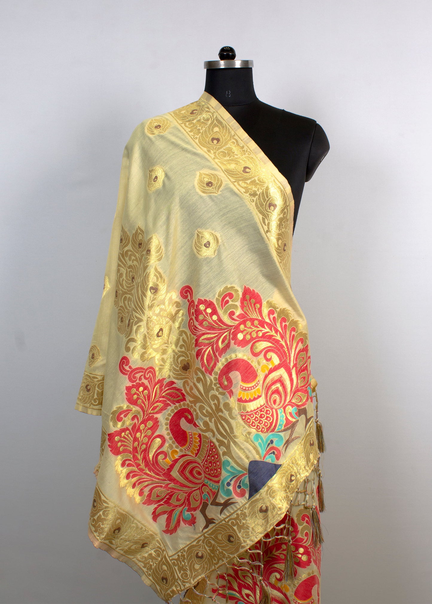 Kalamkari Digital Printed Cream Chanderi Stole Featuring Zari Woven Butta and Border - Chanderi Stole 4124 Cream Second Image