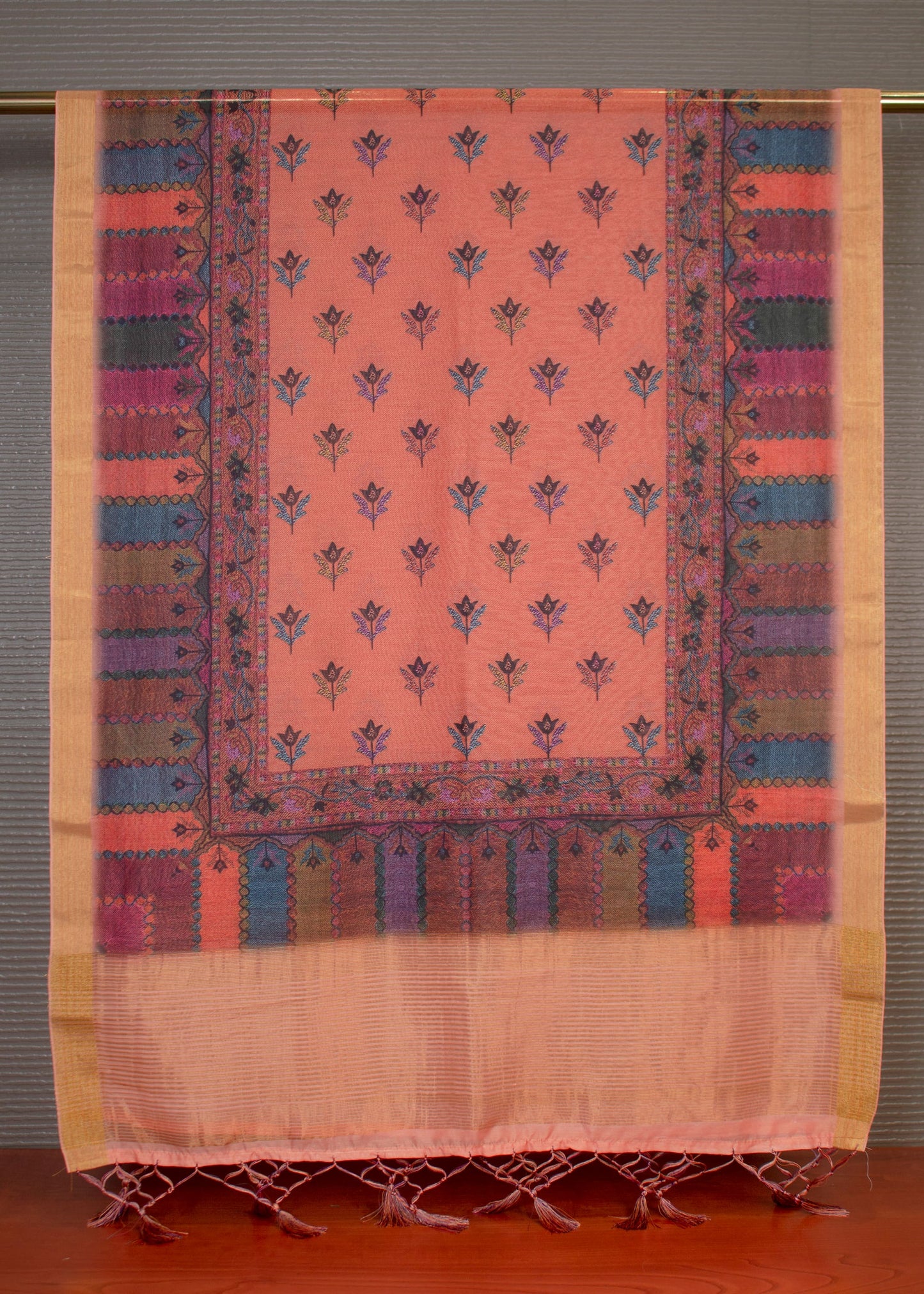 Kashmiri Digital Printed Rust Soft Linen Dupatta Featuring Zari Woven Border and Tassels - Soft Linen 2111 Rust Image 2