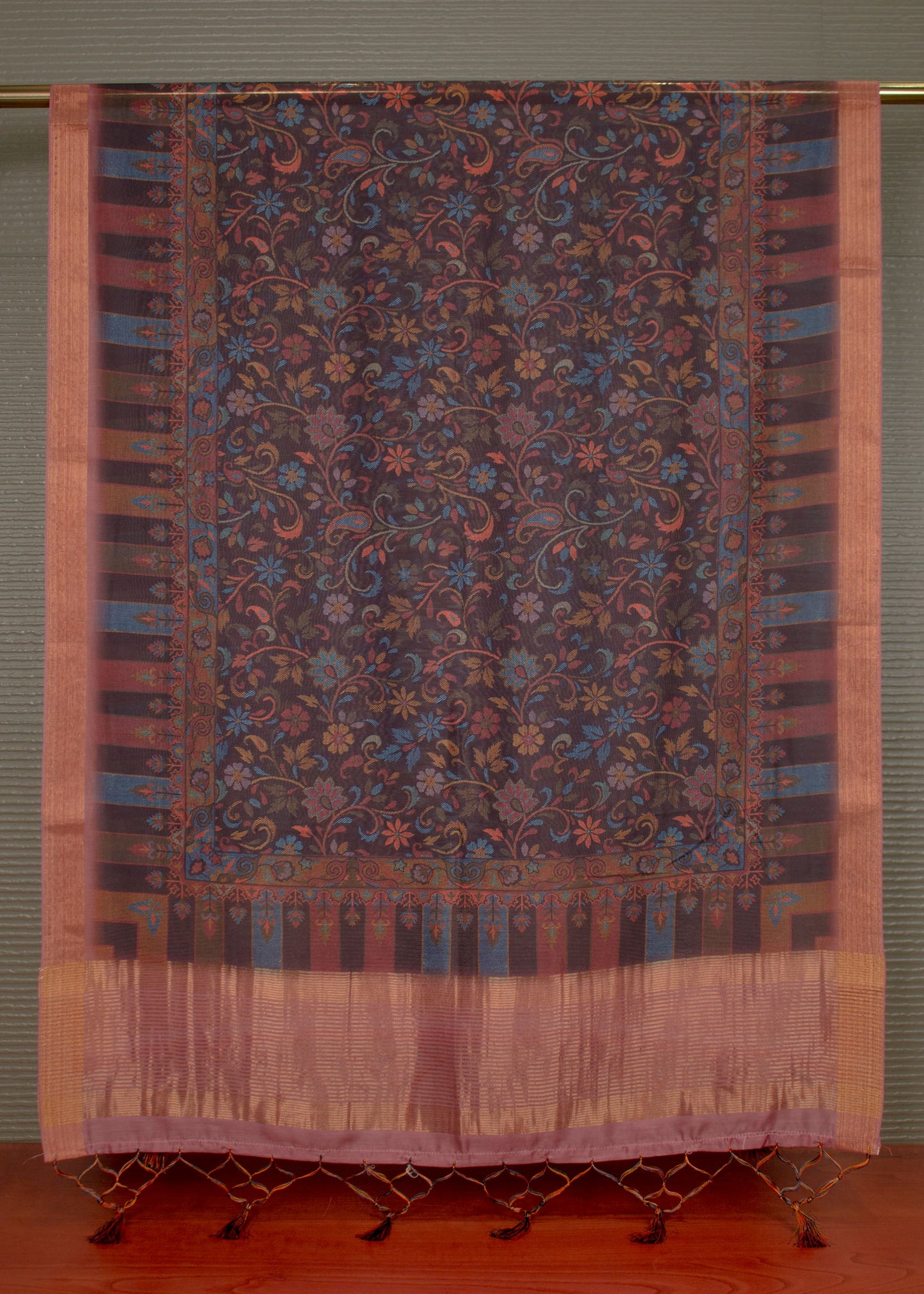 Kashmiri Digital Printed Wine Soft Linen Dupatta with Zari Woven Border and Tassels - Soft Linen 2121 Wine Pose 2